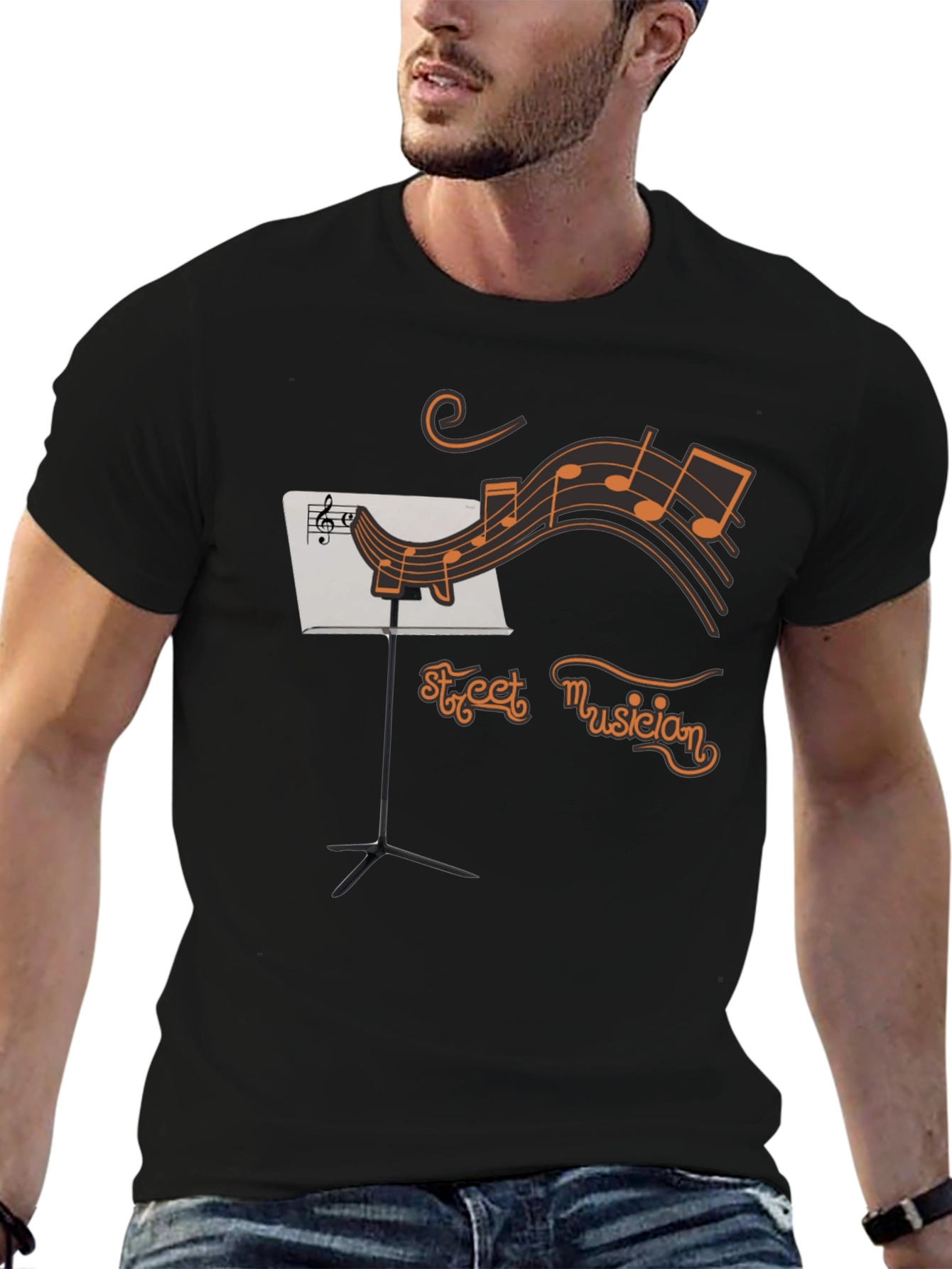 Street Musician Graphic T-Shirt - Black Crew Neck Tee