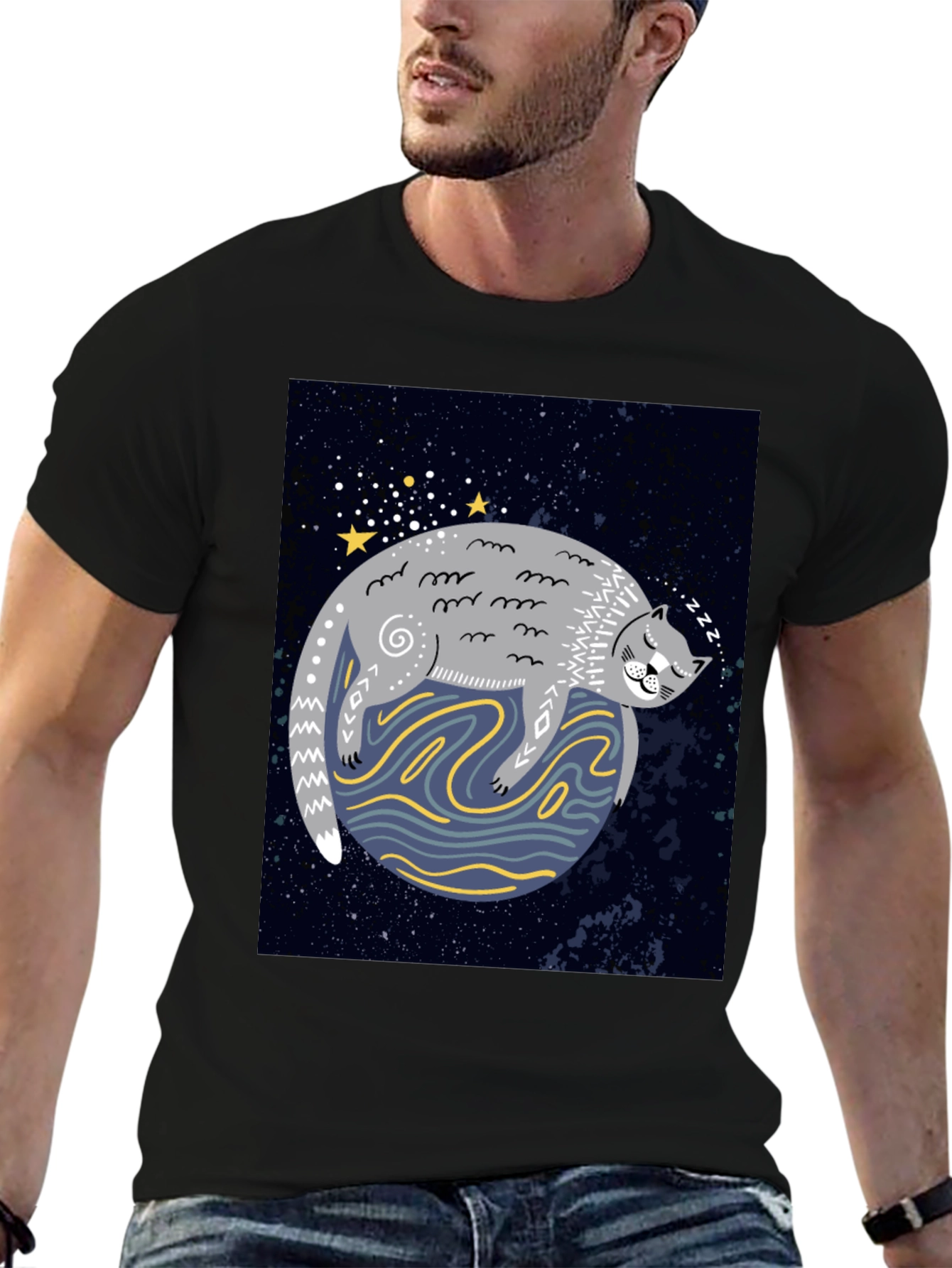 Cosmic Cat Nap T-Shirt - Black Cotton Tee
