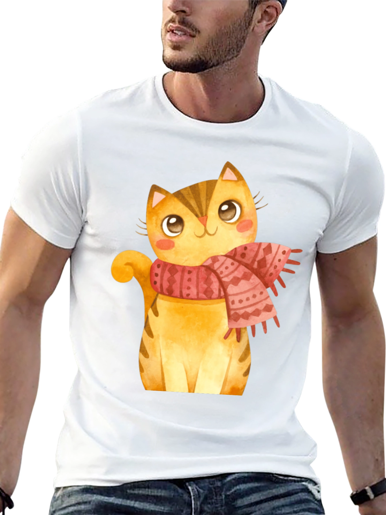 Cute Cat in Scarf Graphic T-Shirt - Black