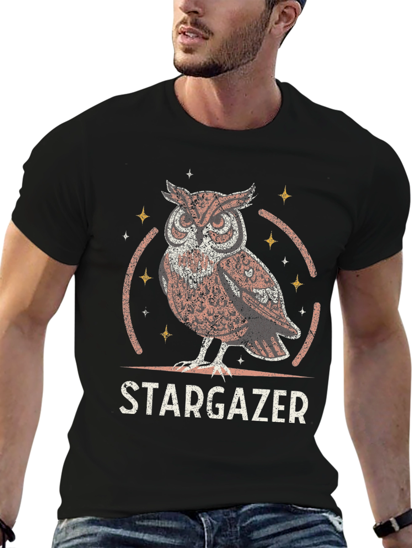Stargazer Owl Graphic T-Shirt - Black