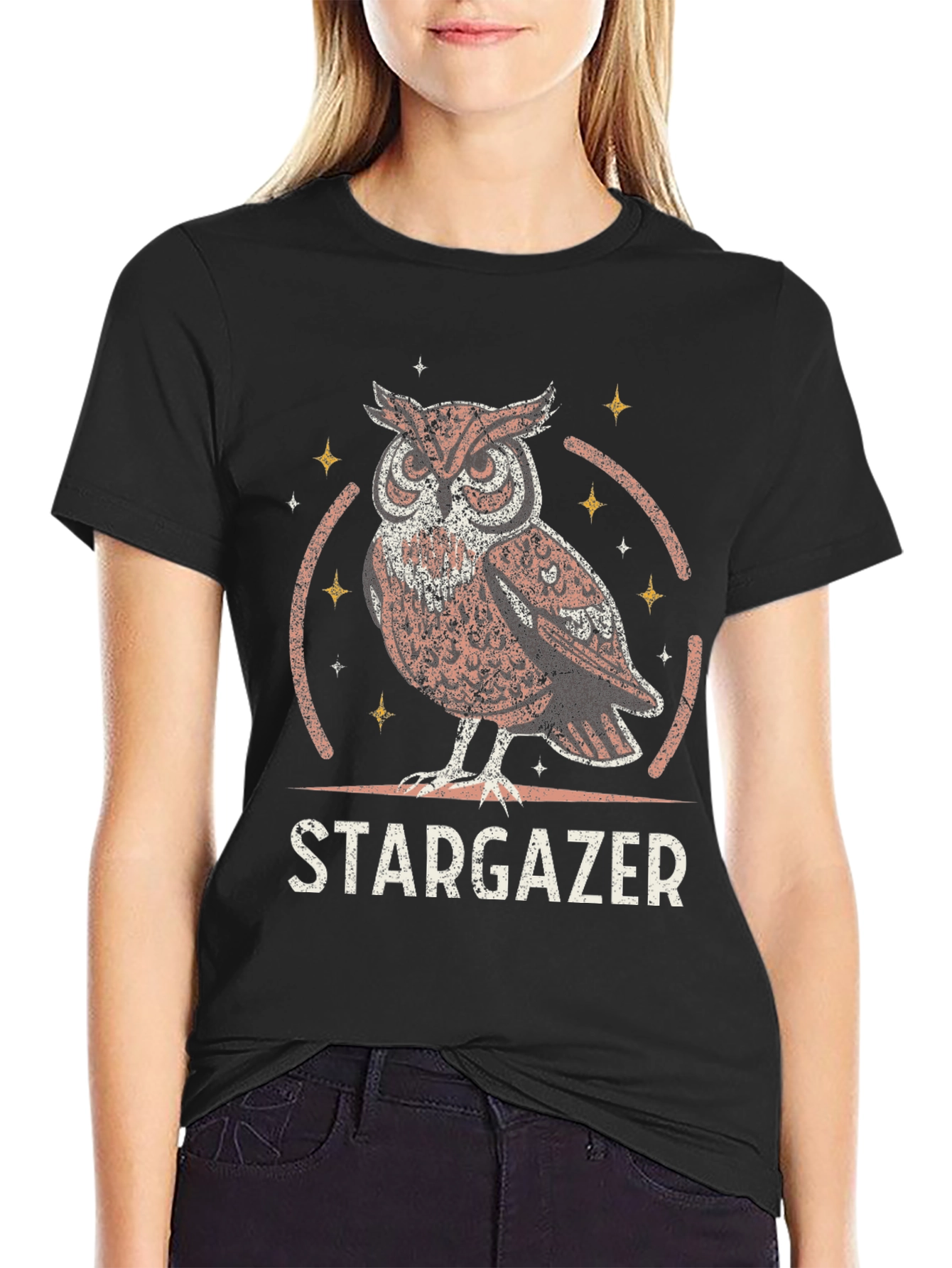 Stargazer Owl Graphic T-Shirt - Black