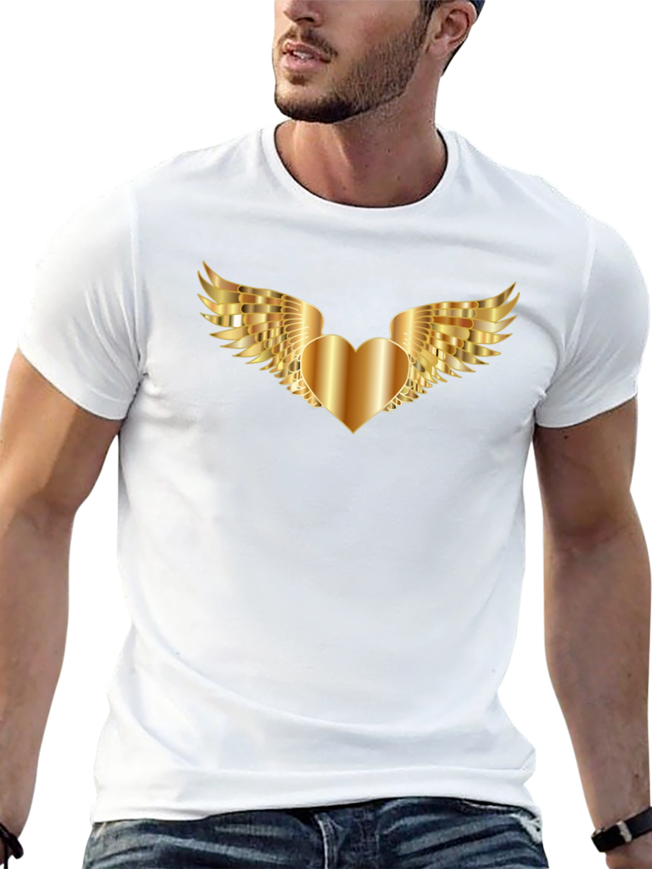 Black T-Shirt with Golden Heart Wings Graphic