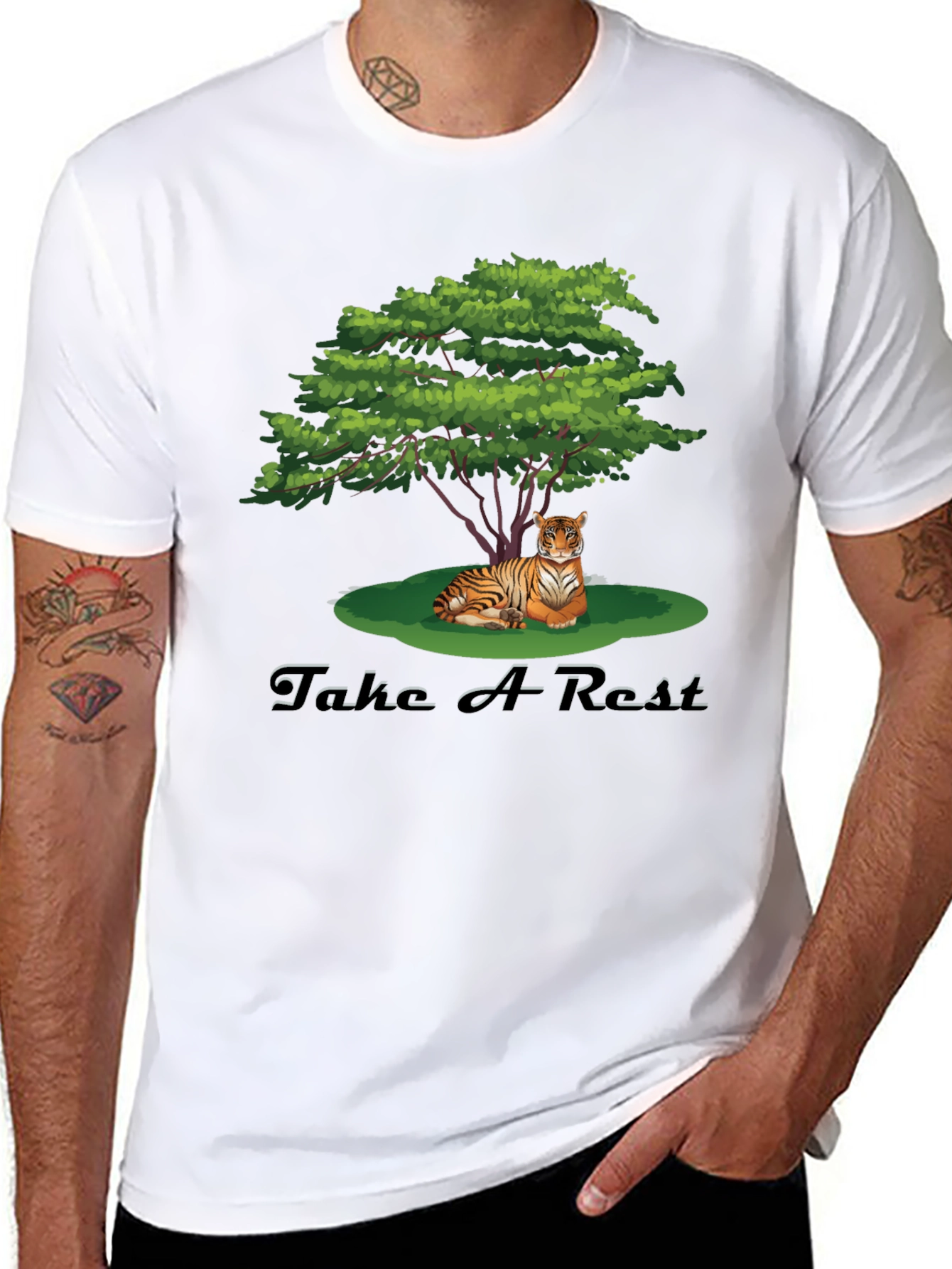 Mens Black Tiger Resting Under Tree Graphic Tee