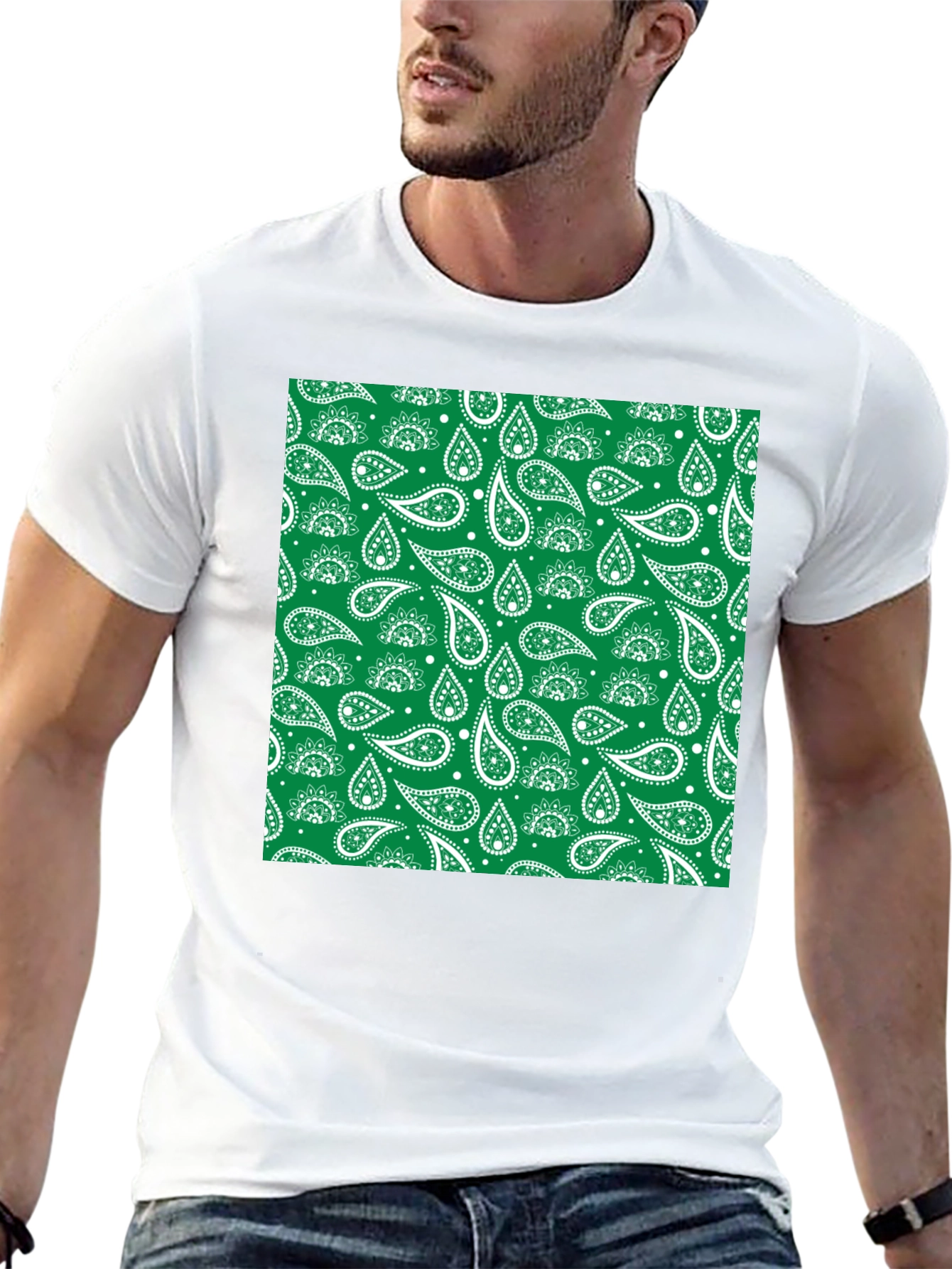 Green Paisley Print Black T-Shirt