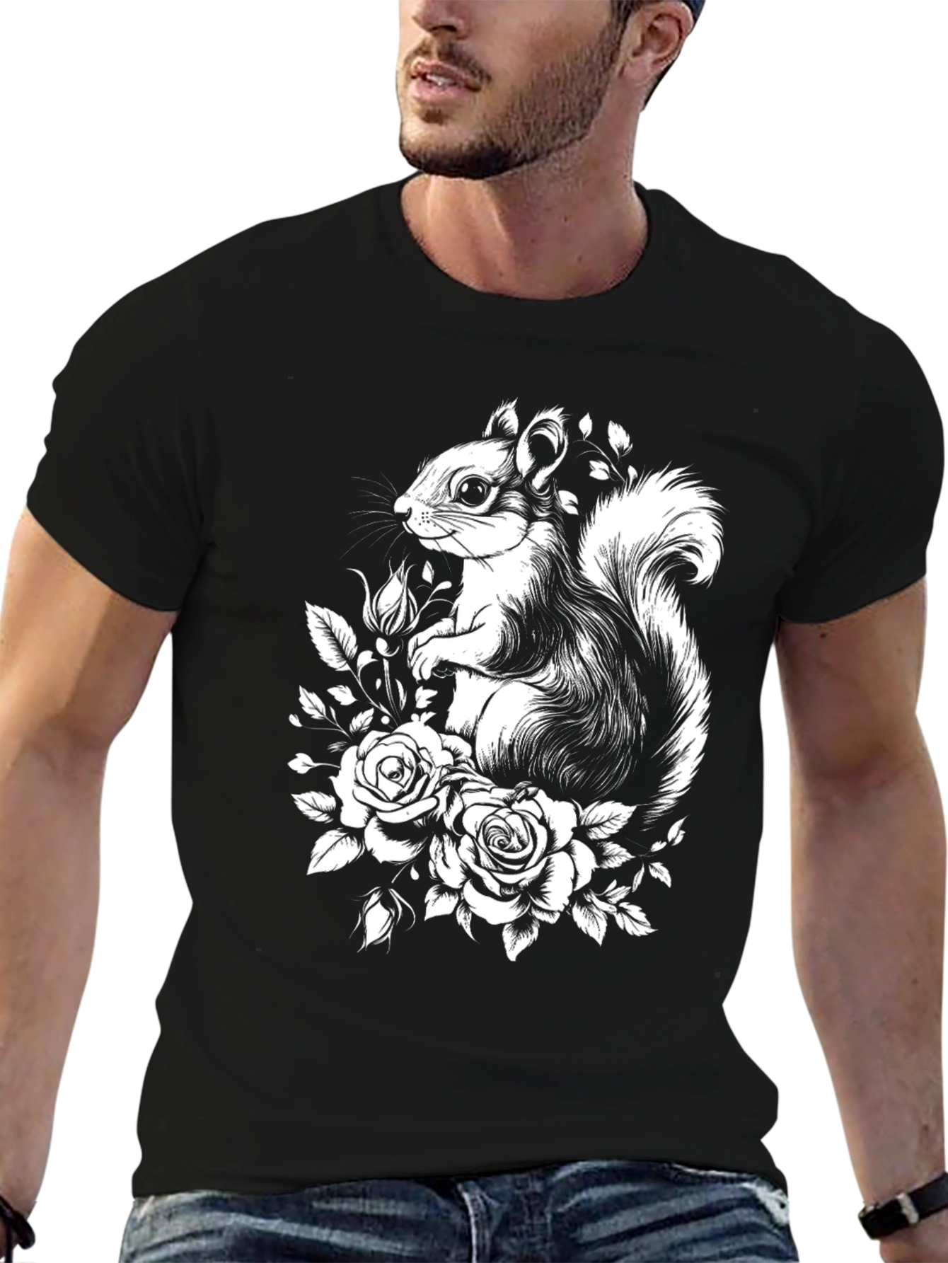 Squirrel and Roses Graphic Tee - Black T-Shirt