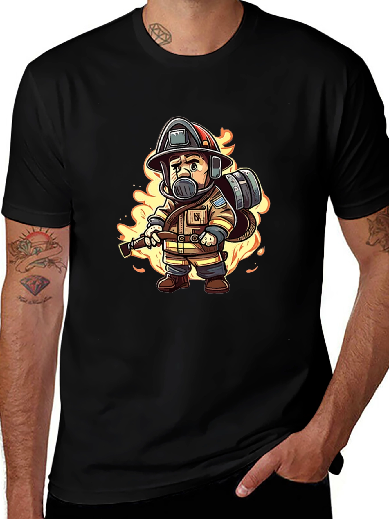Cartoon Firefighter Black T-Shirt