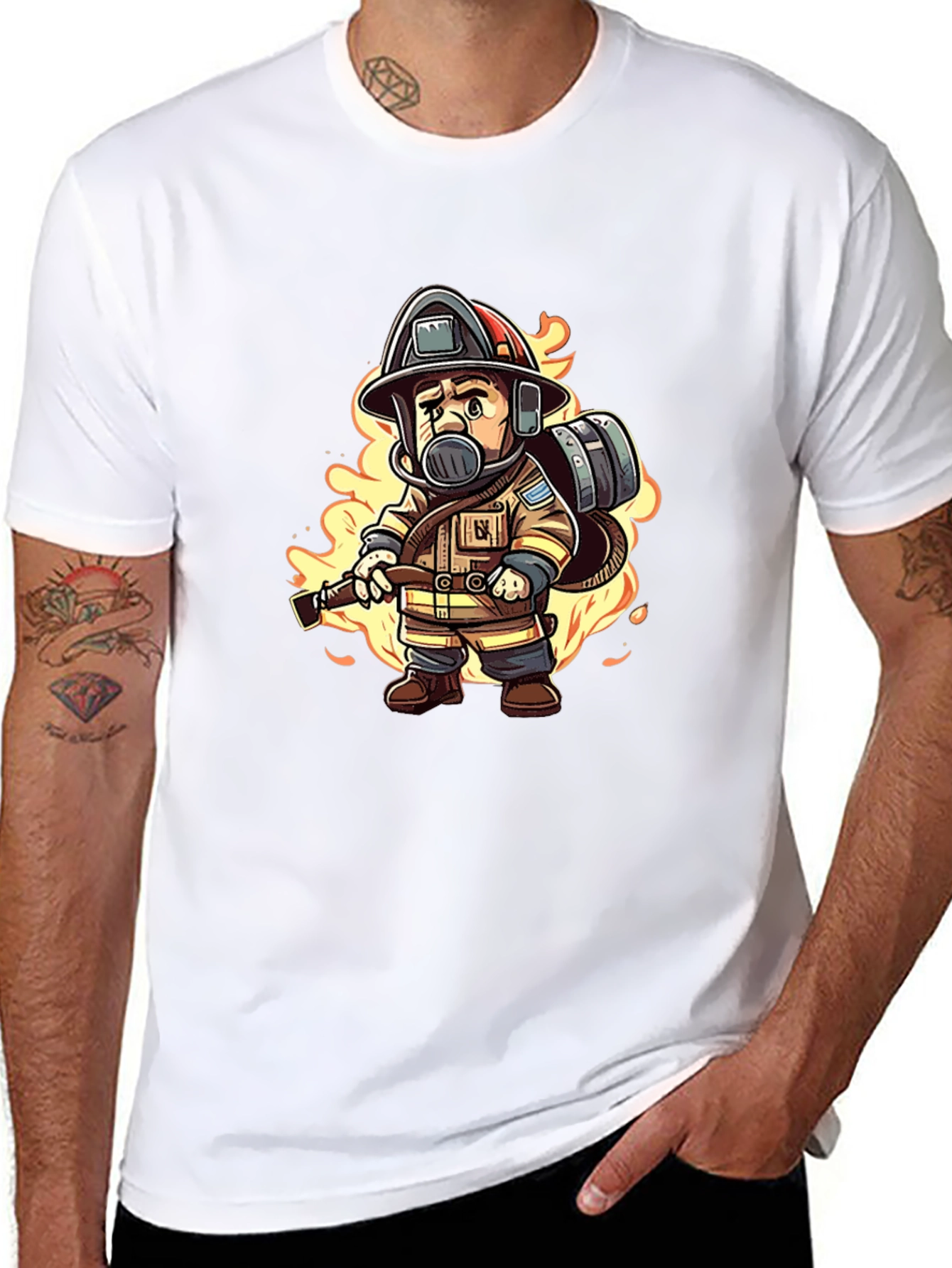 Cartoon Firefighter Black T-Shirt
