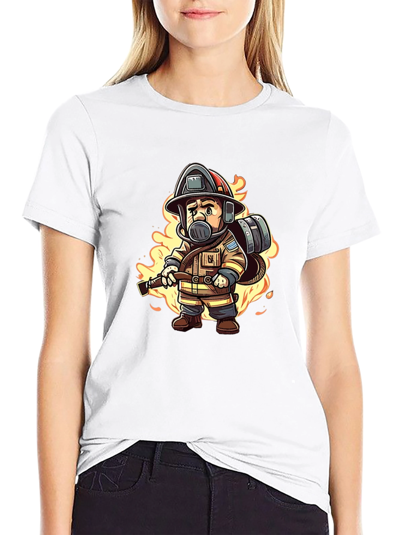 Cartoon Firefighter Black T-Shirt
