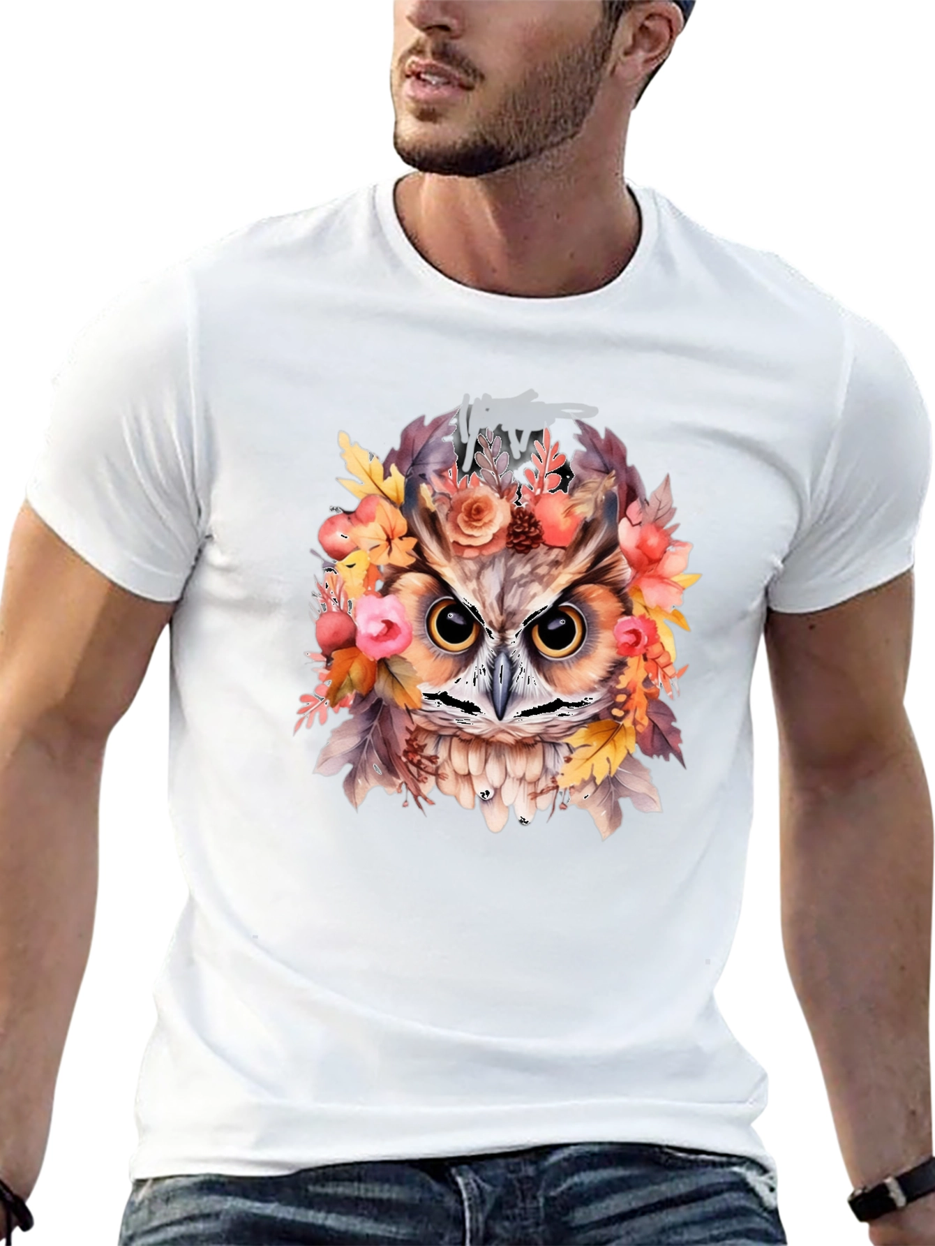 Floral Owl Graphic Print Black T-Shirt