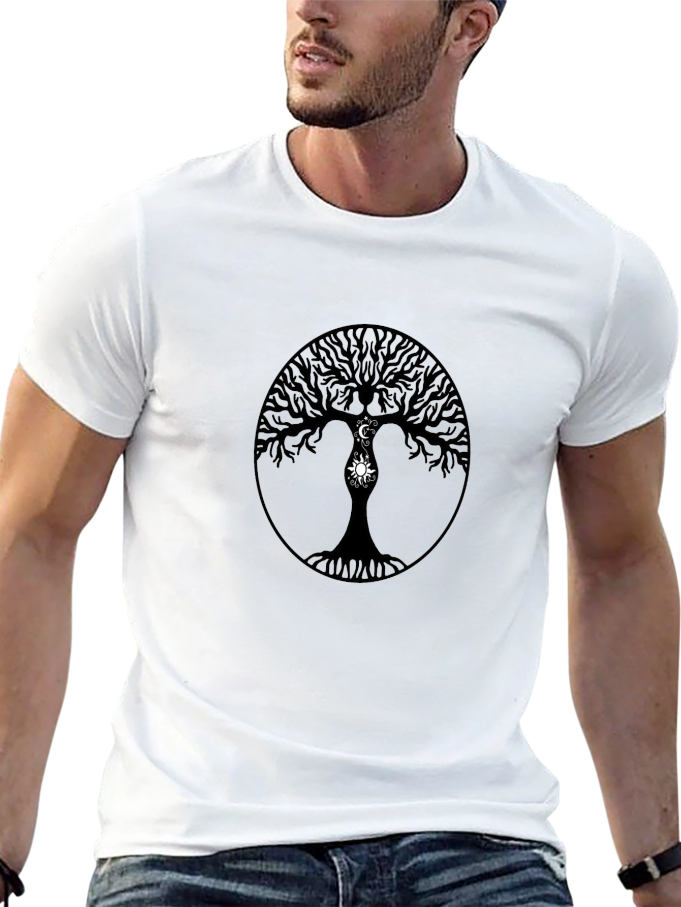 Cosmic Tree Black T-Shirt - Moon and Sun Design
