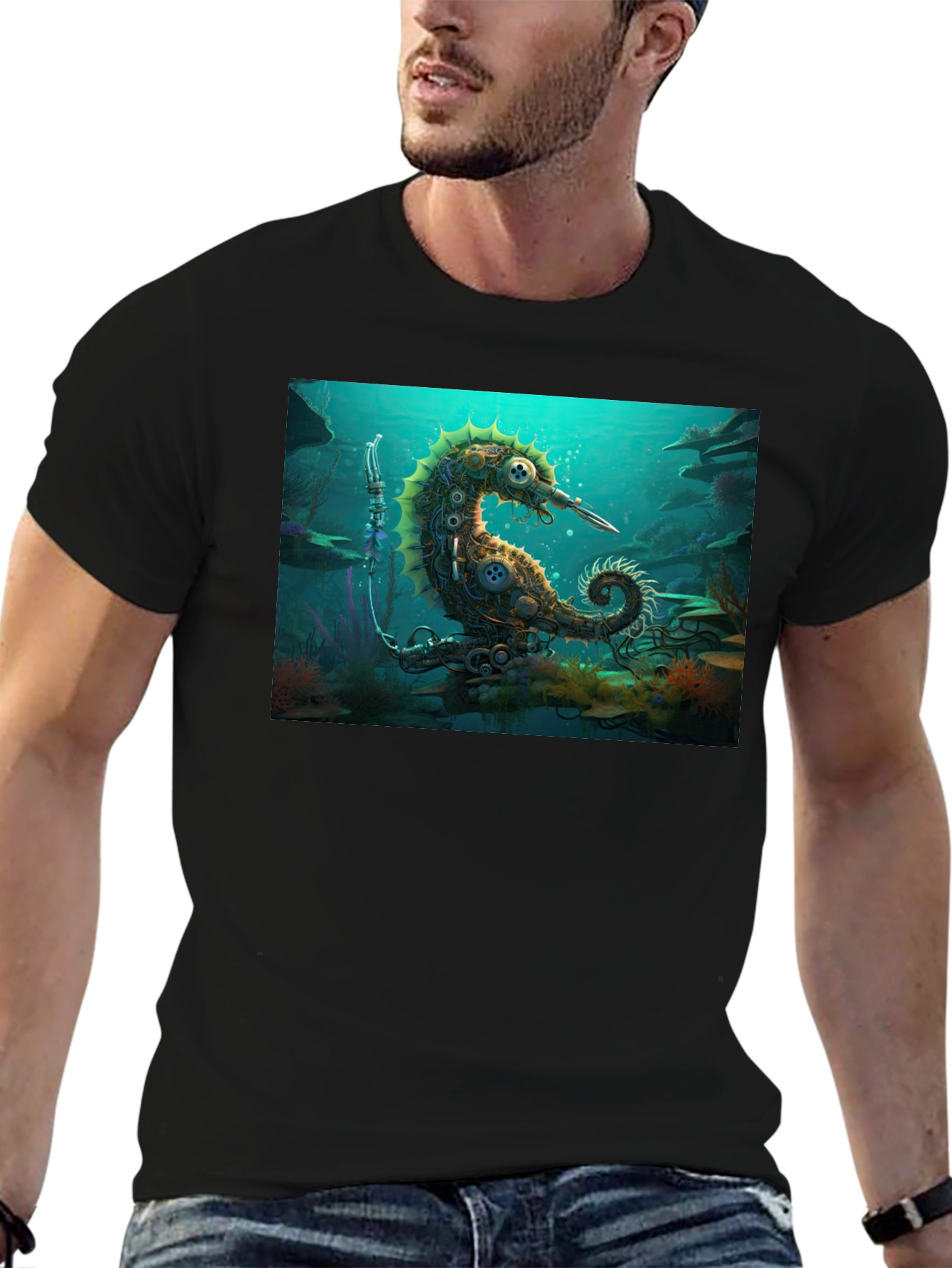 Steampunk Seahorse Black T-Shirt