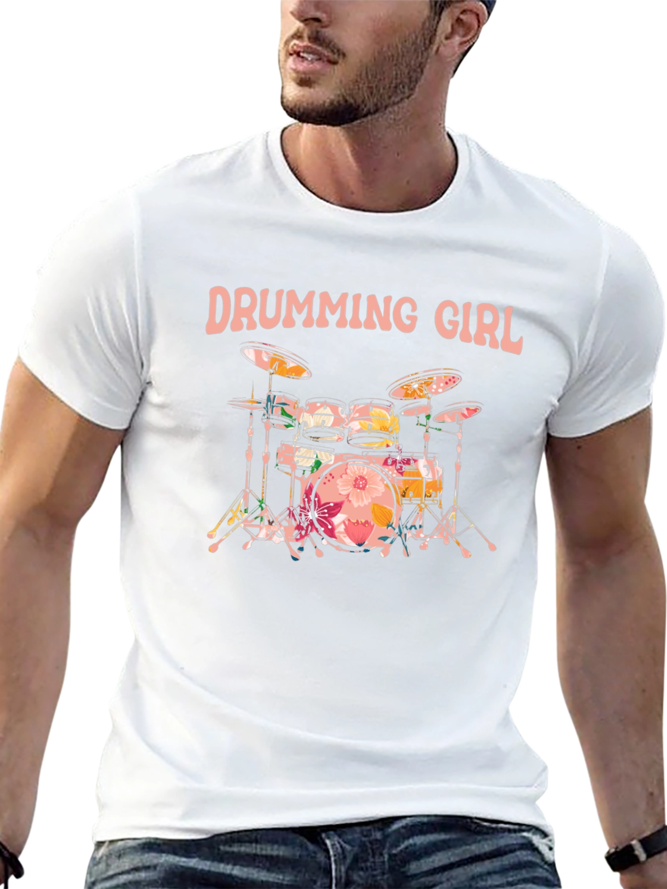 Drumming Girl Floral Drums Black T-Shirt