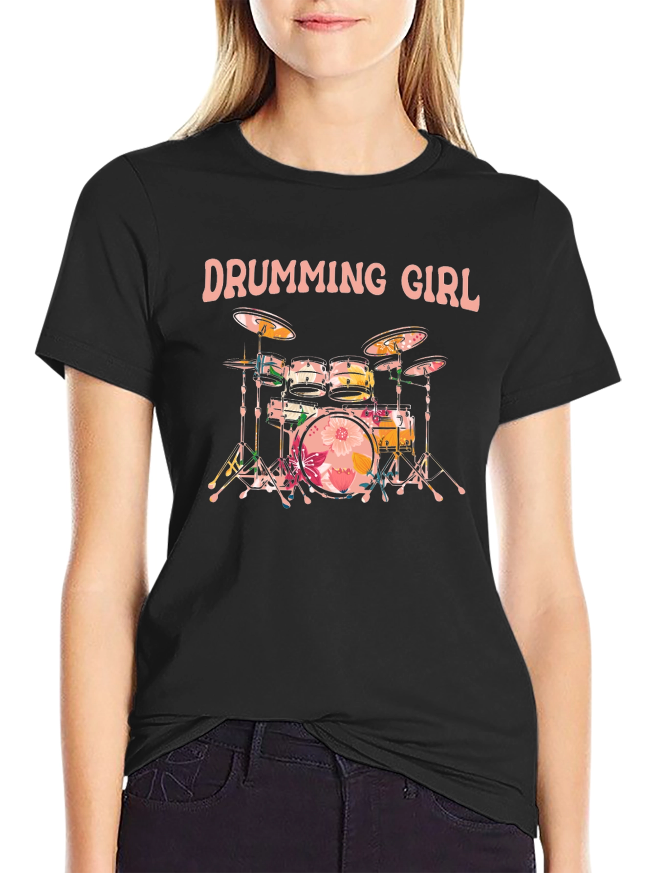 Drumming Girl Floral Drums Black T-Shirt