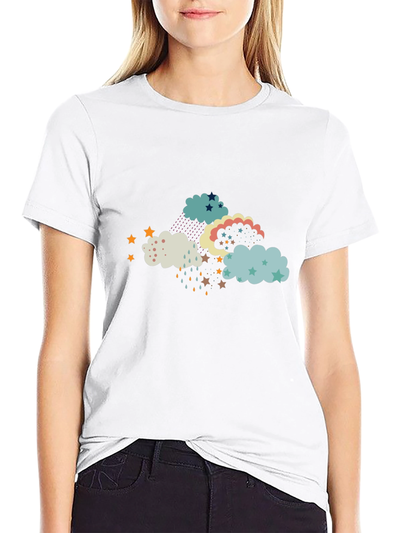 Cloud and Star Print Black T-Shirt