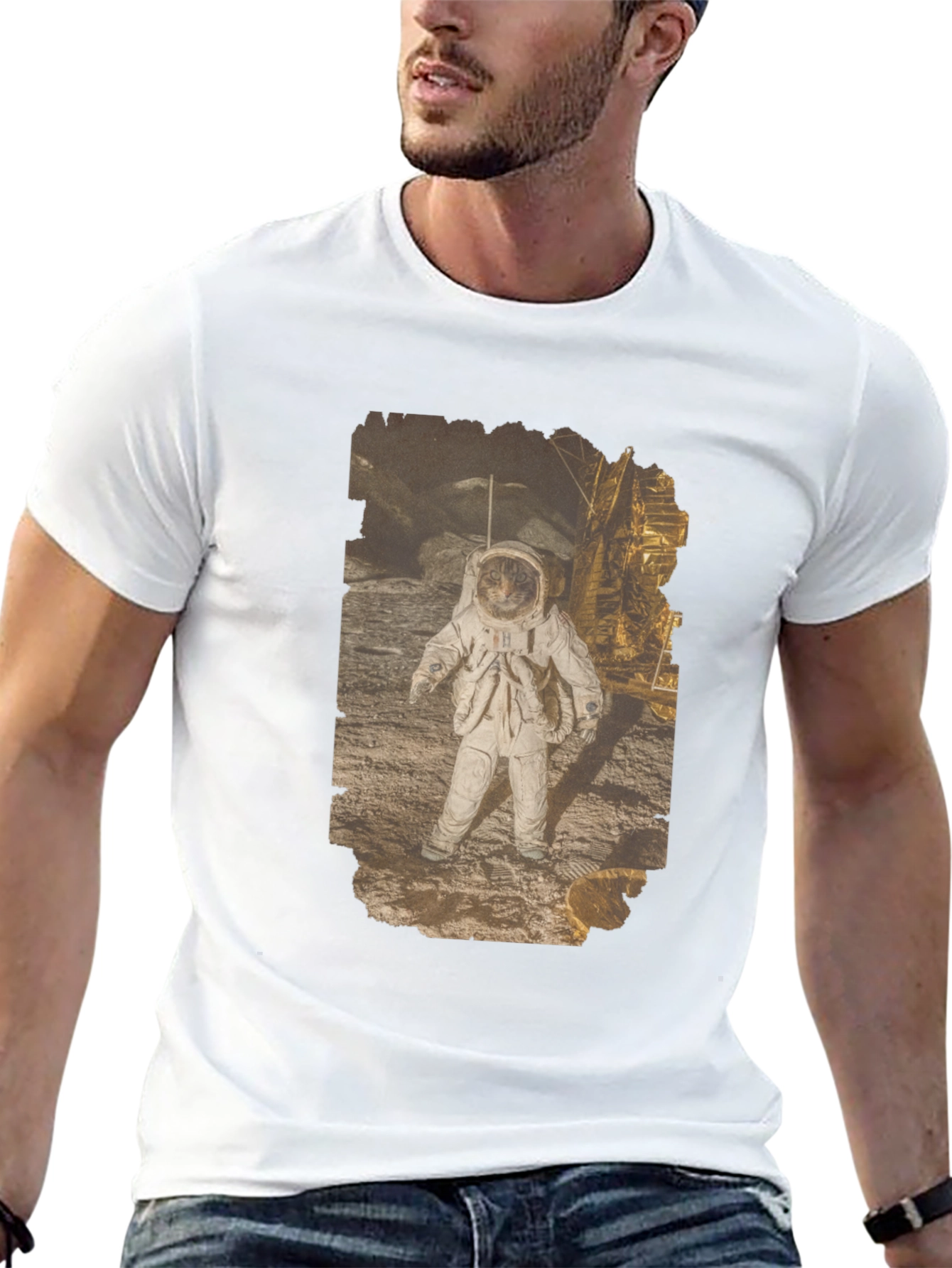 Astronaut Cat Graphic Print Black T-Shirt
