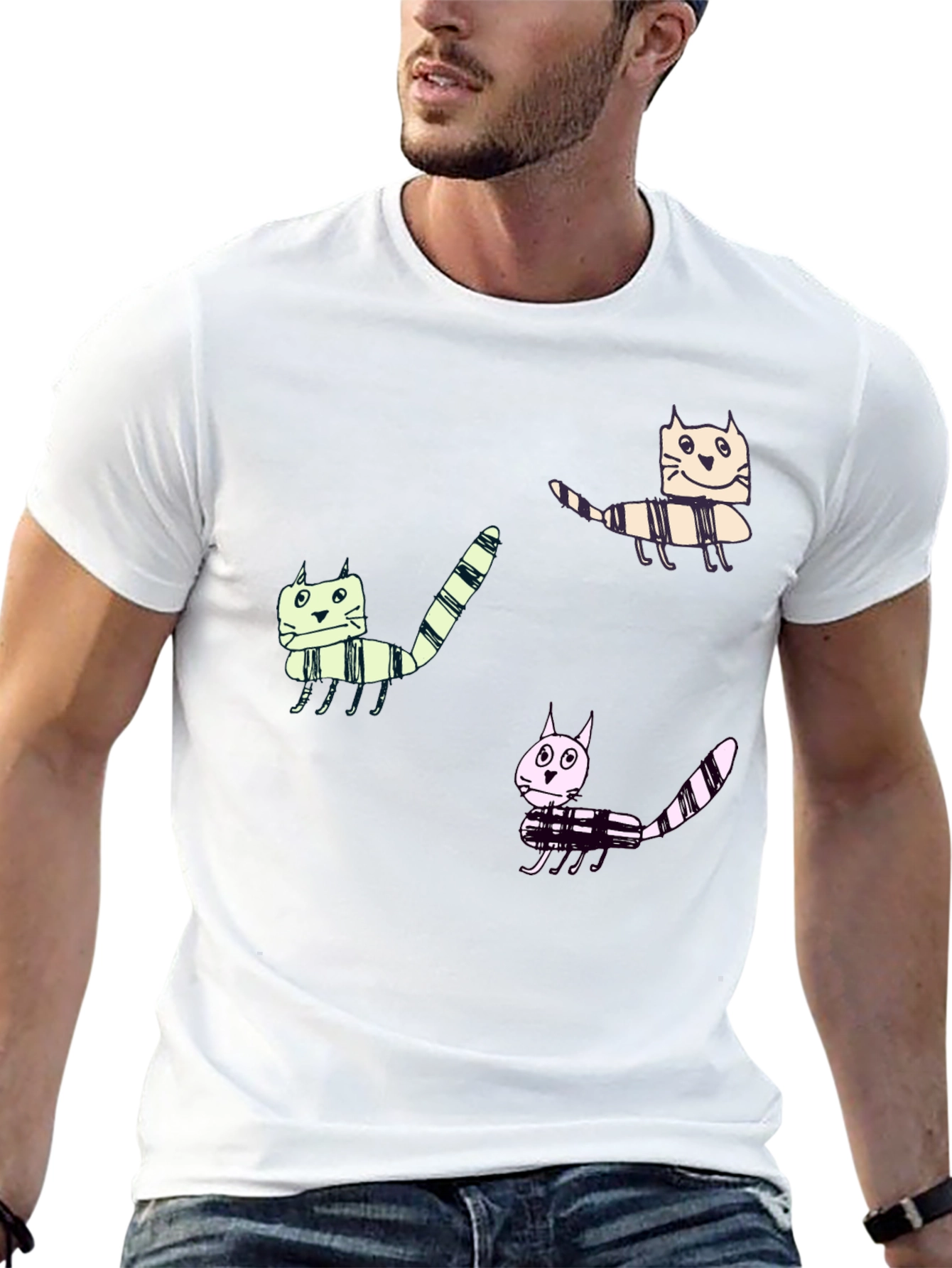 Whimsical Cat Print Black T-Shirt