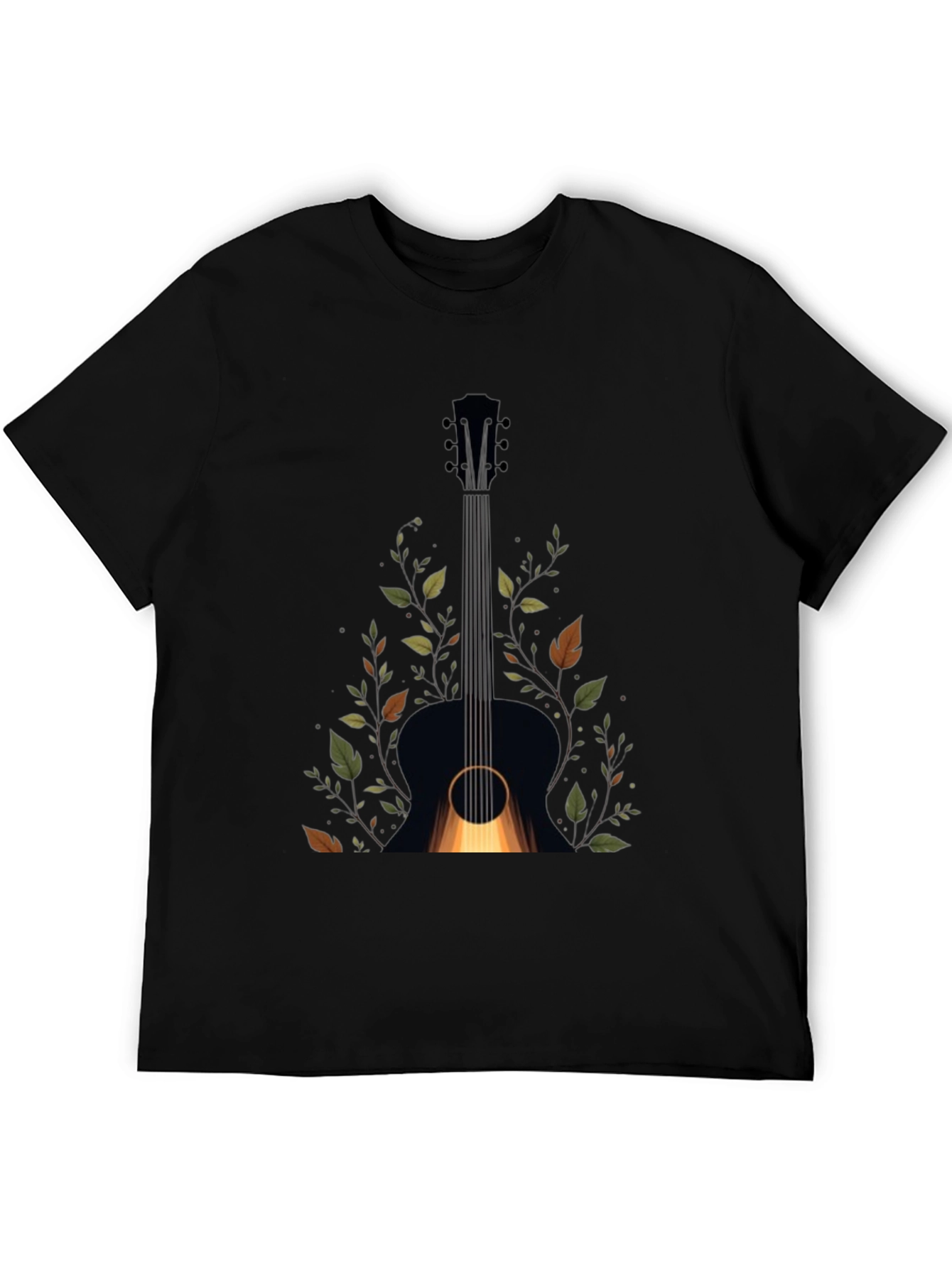 Guitar & Foliage Graphic Tee - Black Cotton Blend