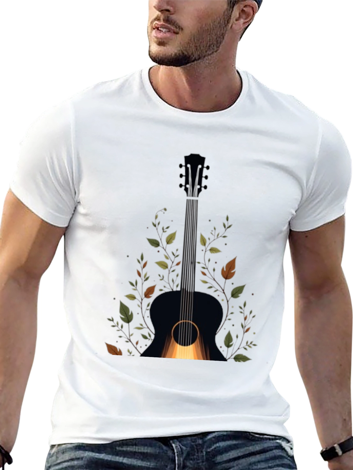 Guitar & Foliage Graphic Tee - Black Cotton Blend