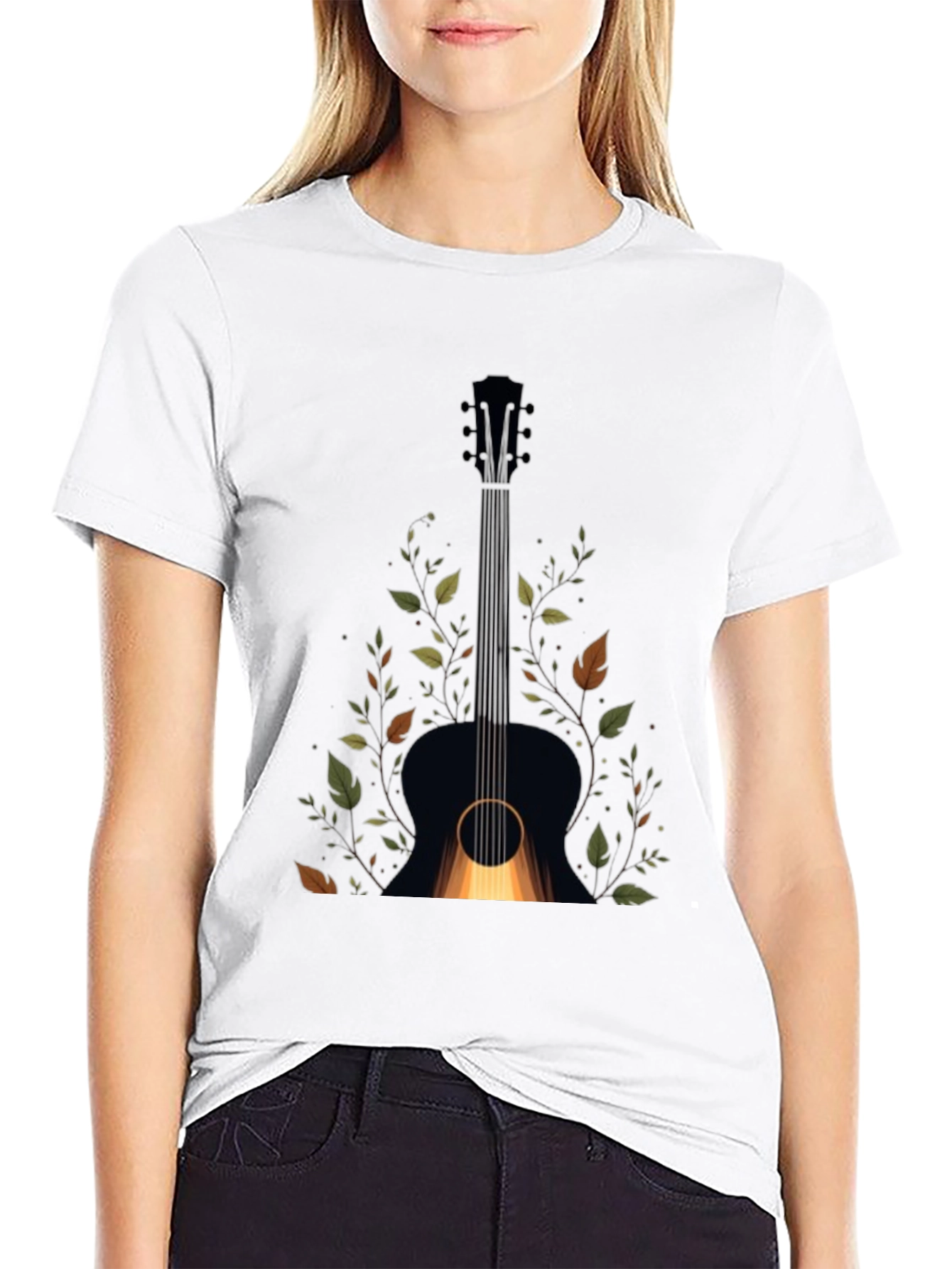 Guitar & Foliage Graphic Tee - Black Cotton Blend