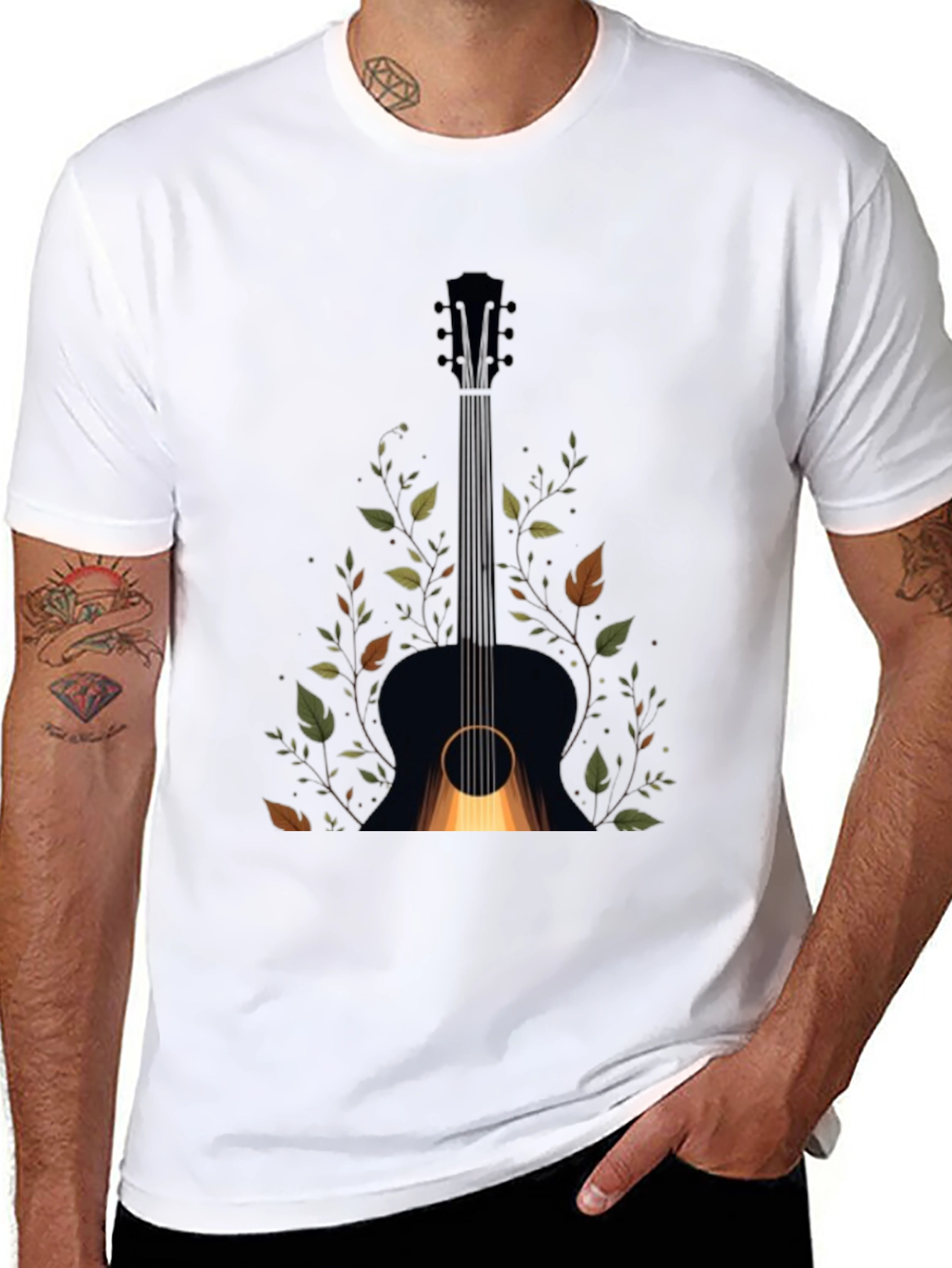 Guitar & Foliage Graphic Tee - Black Cotton Blend