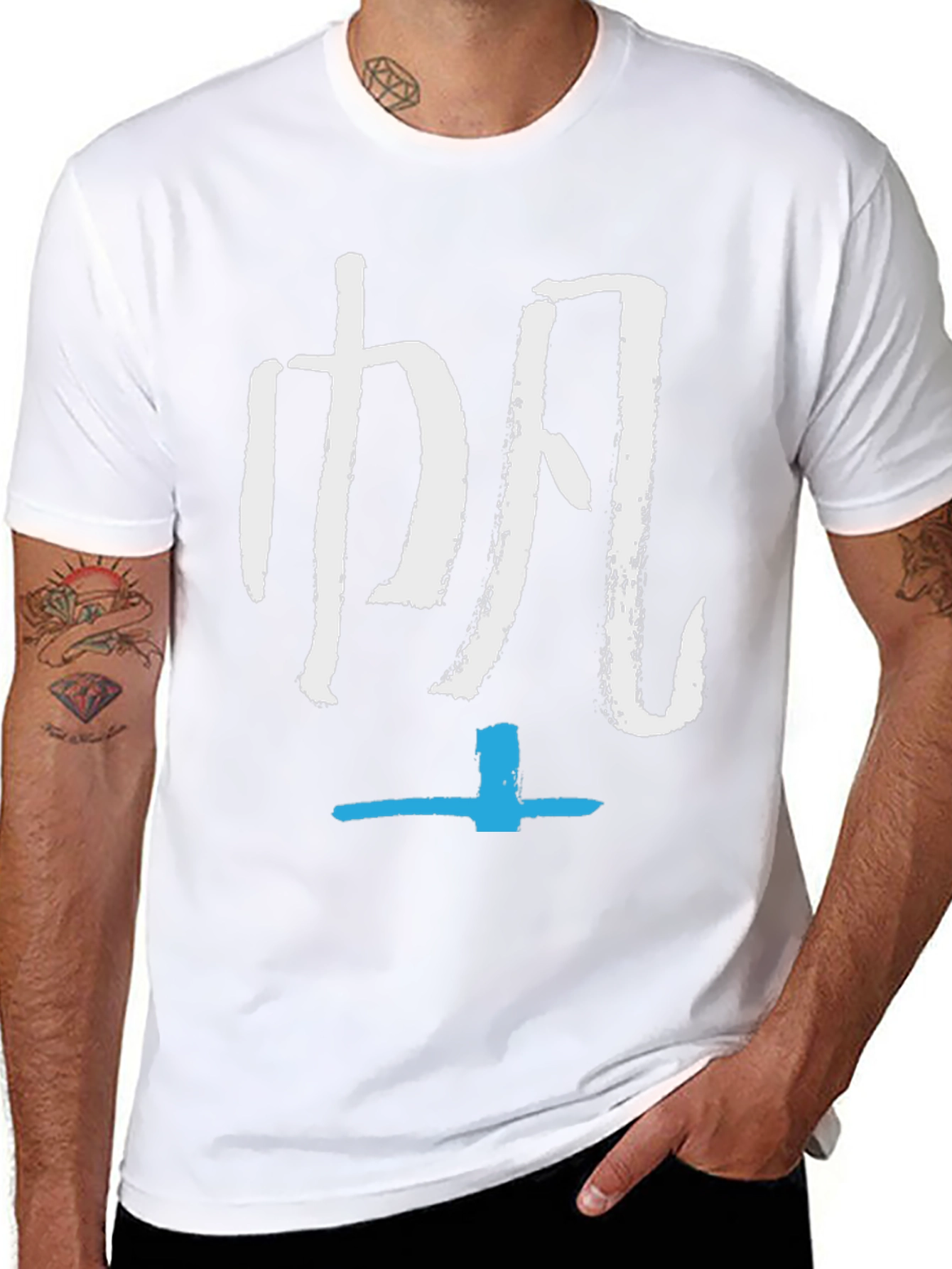 Black T-Shirt with White and Blue Graphic Print