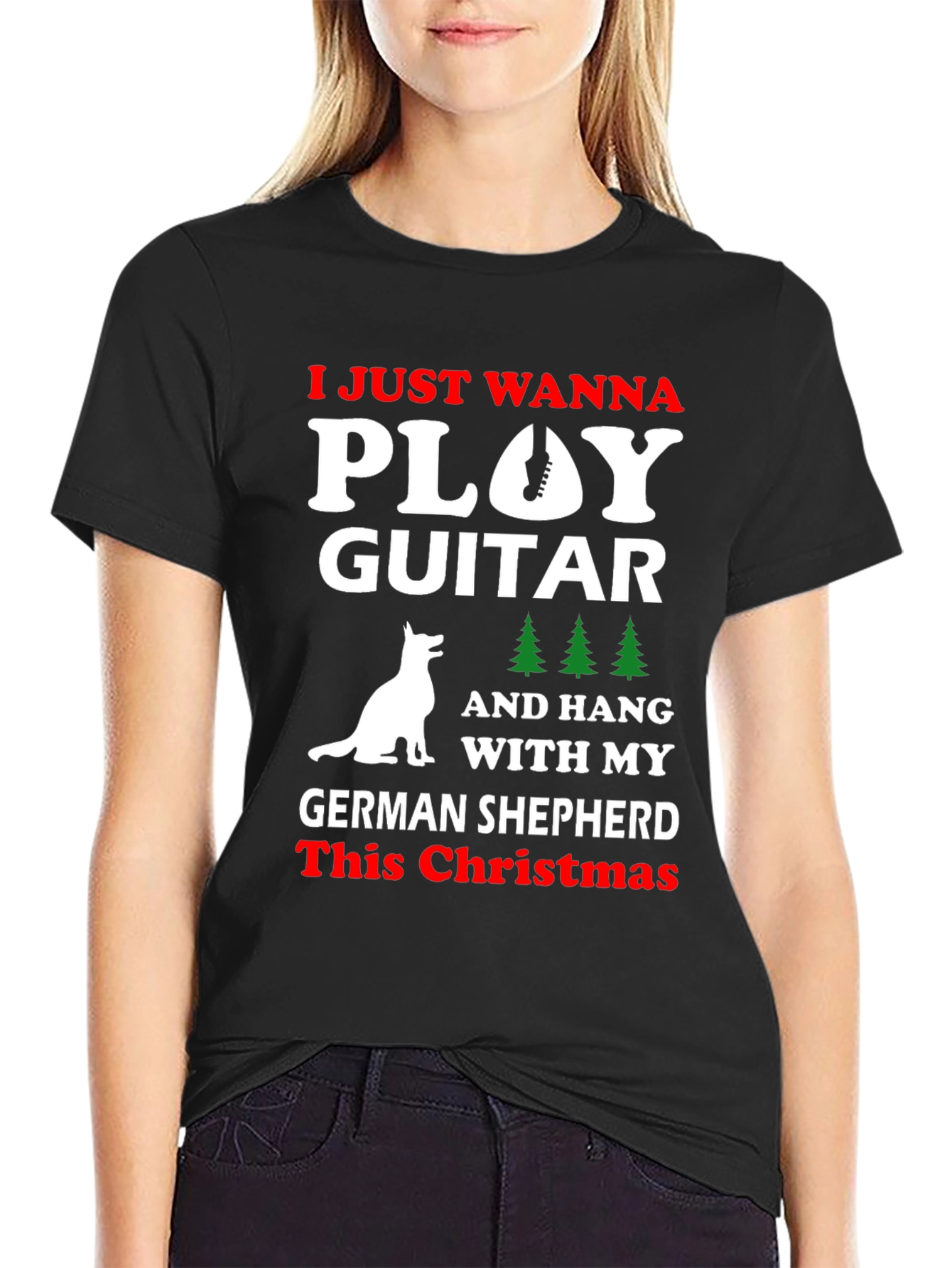 German Shepherd Christmas Guitar T-Shirt