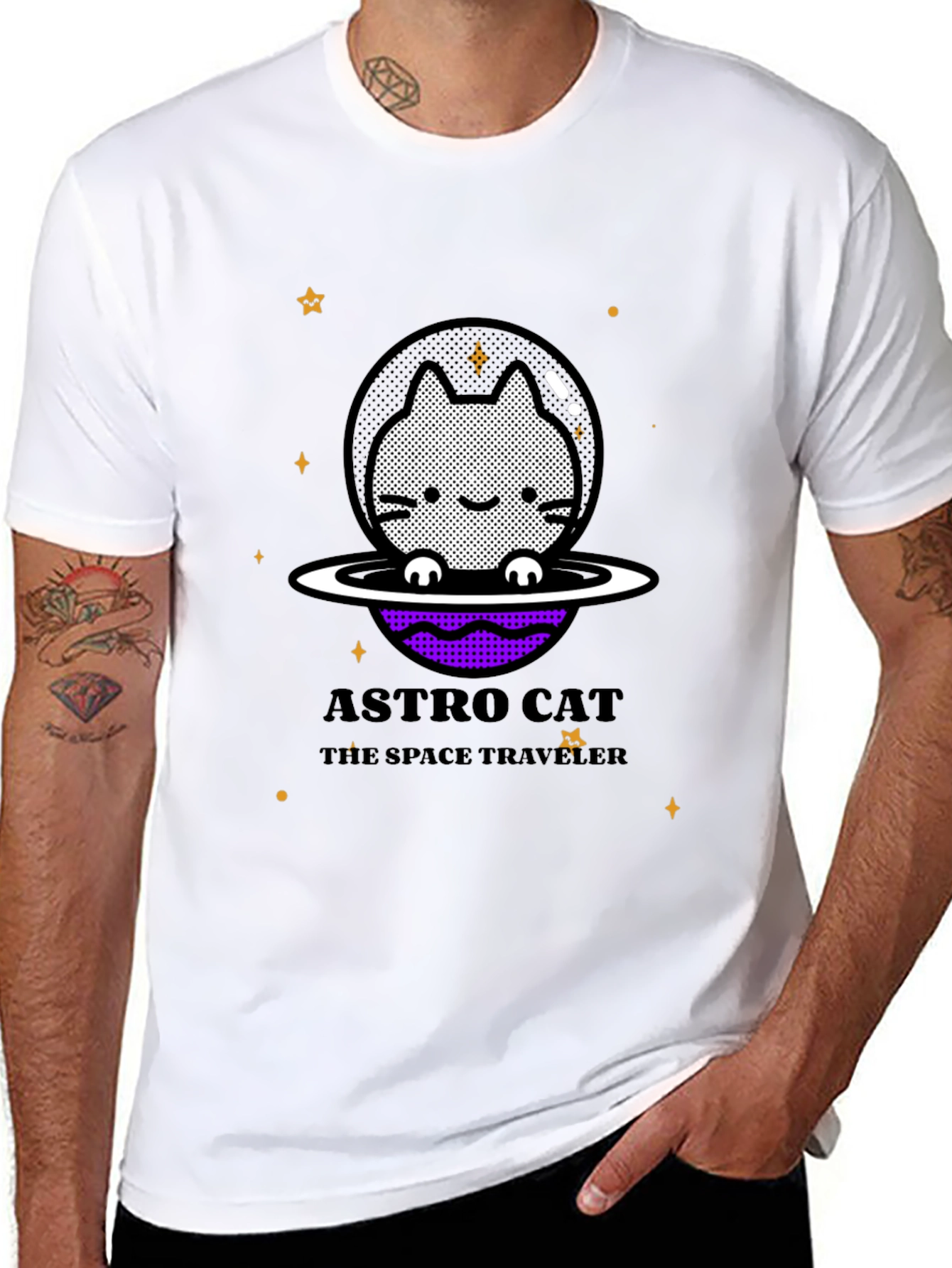 Astro Cat Space Traveler Black T-Shirt