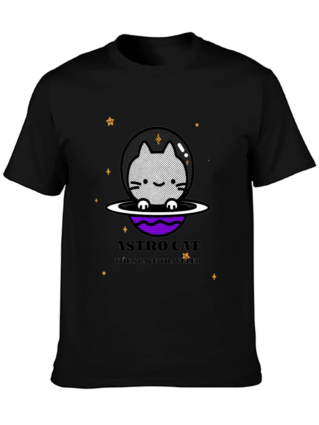 Astro Cat Space Traveler Black T-Shirt