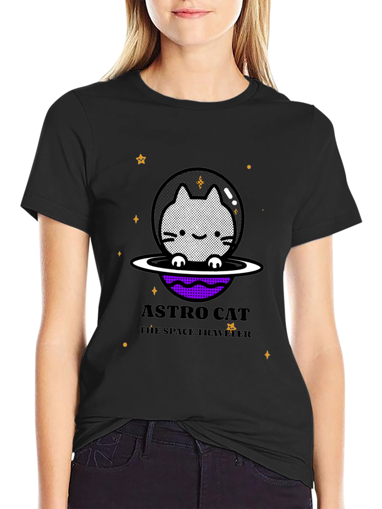 Astro Cat Space Traveler Black T-Shirt