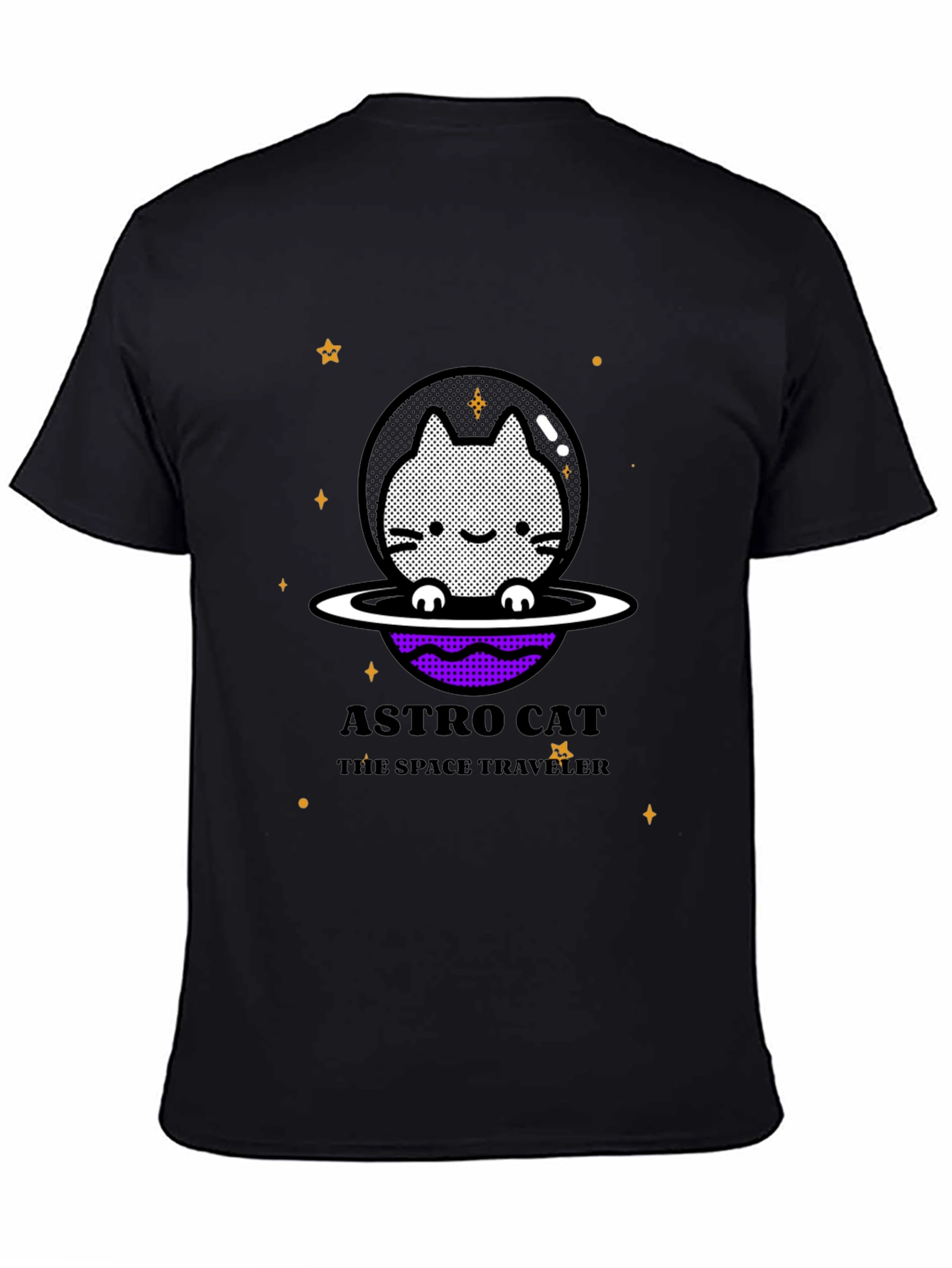 Astro Cat Space Traveler Black T-Shirt