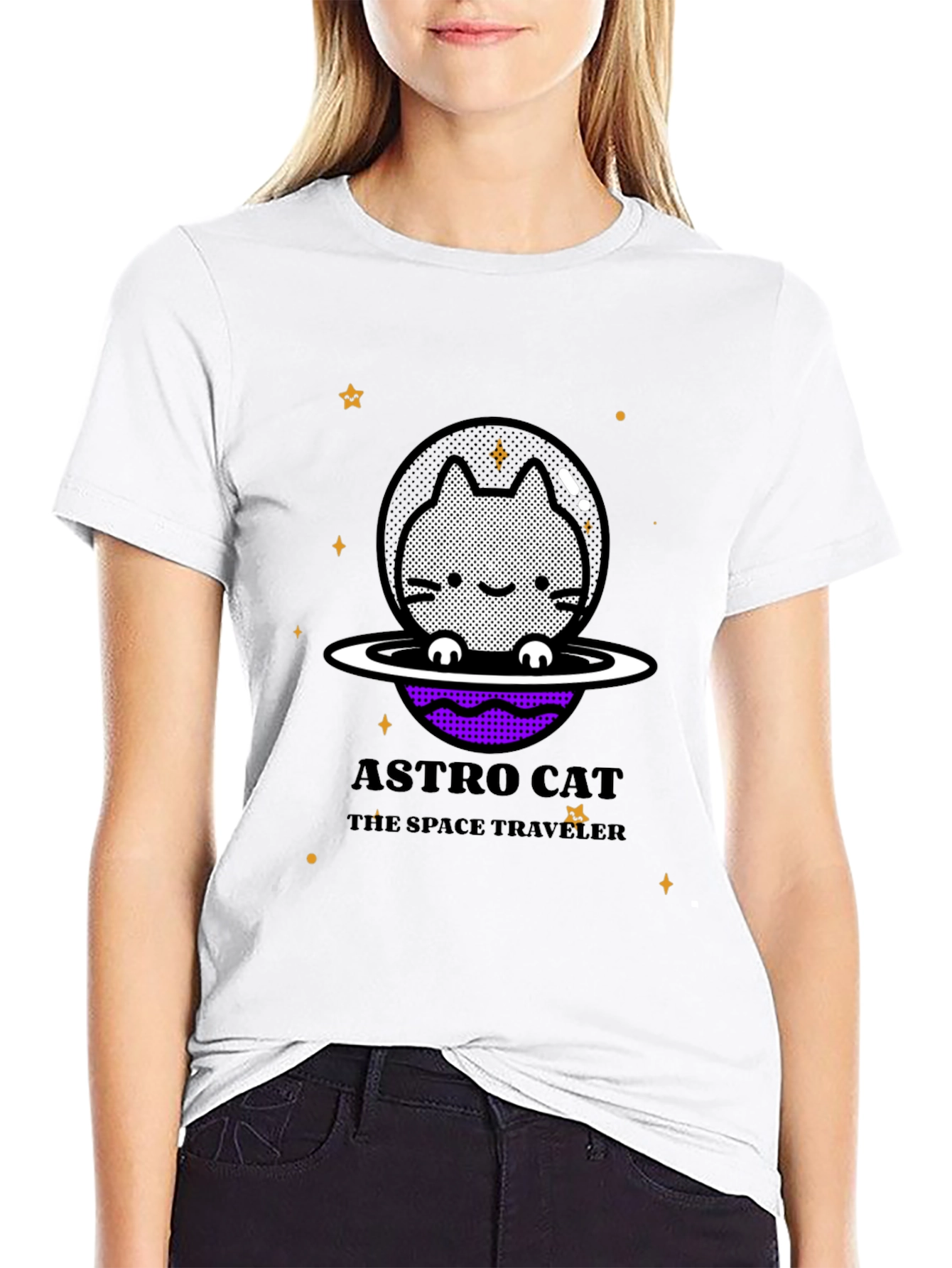Astro Cat Space Traveler Black T-Shirt