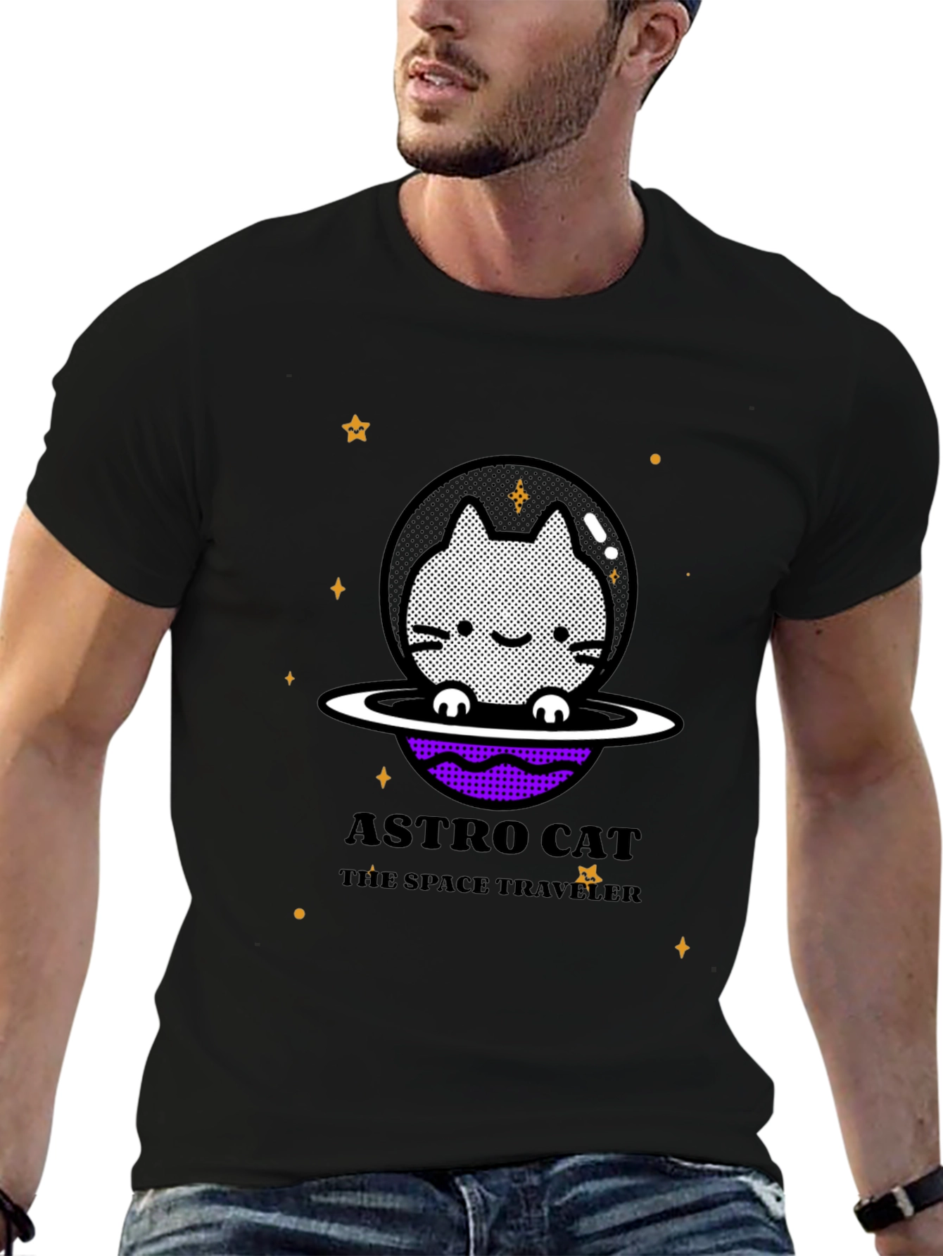 Astro Cat Space Traveler Black T-Shirt