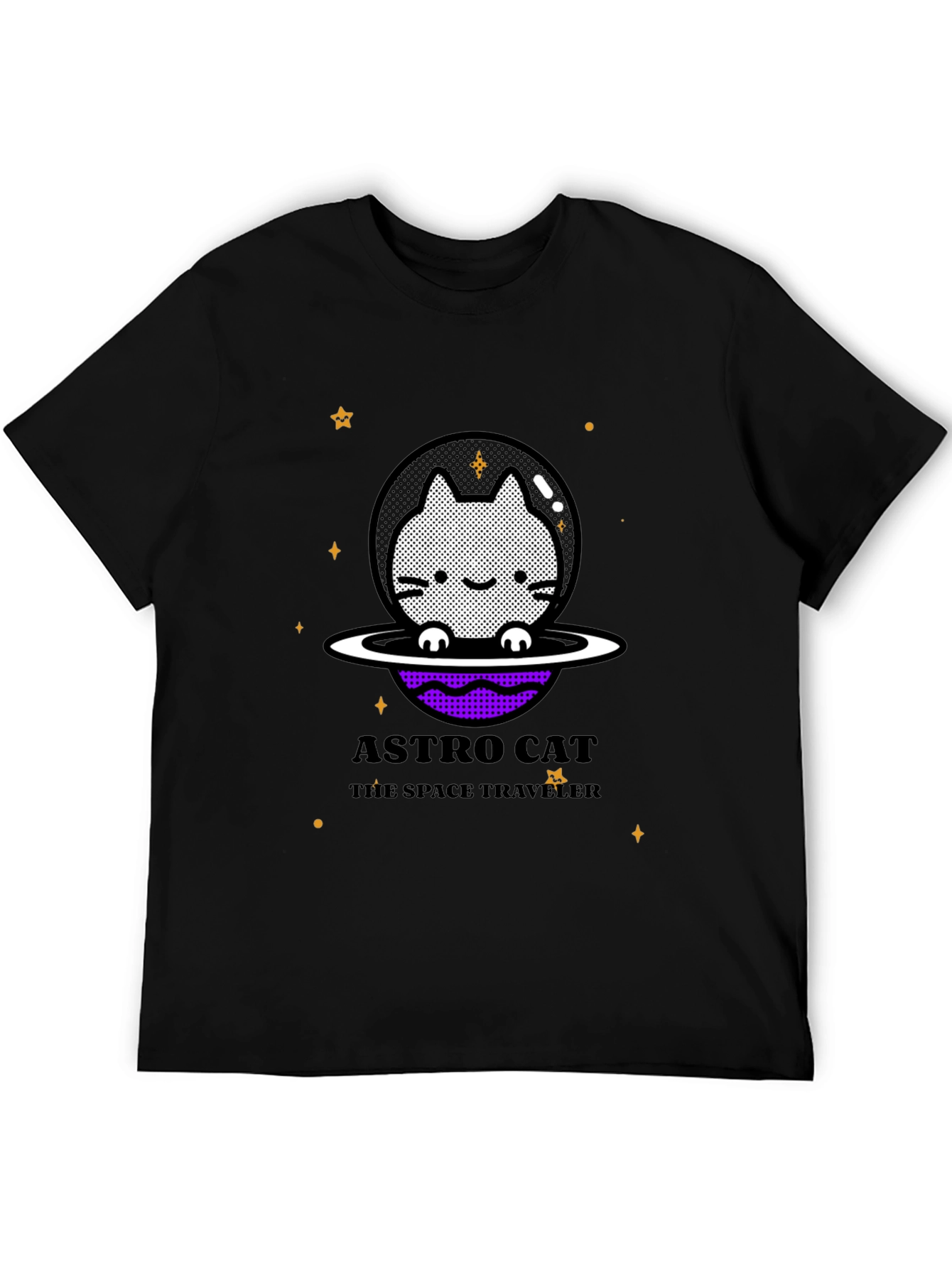 Astro Cat Space Traveler Black T-Shirt