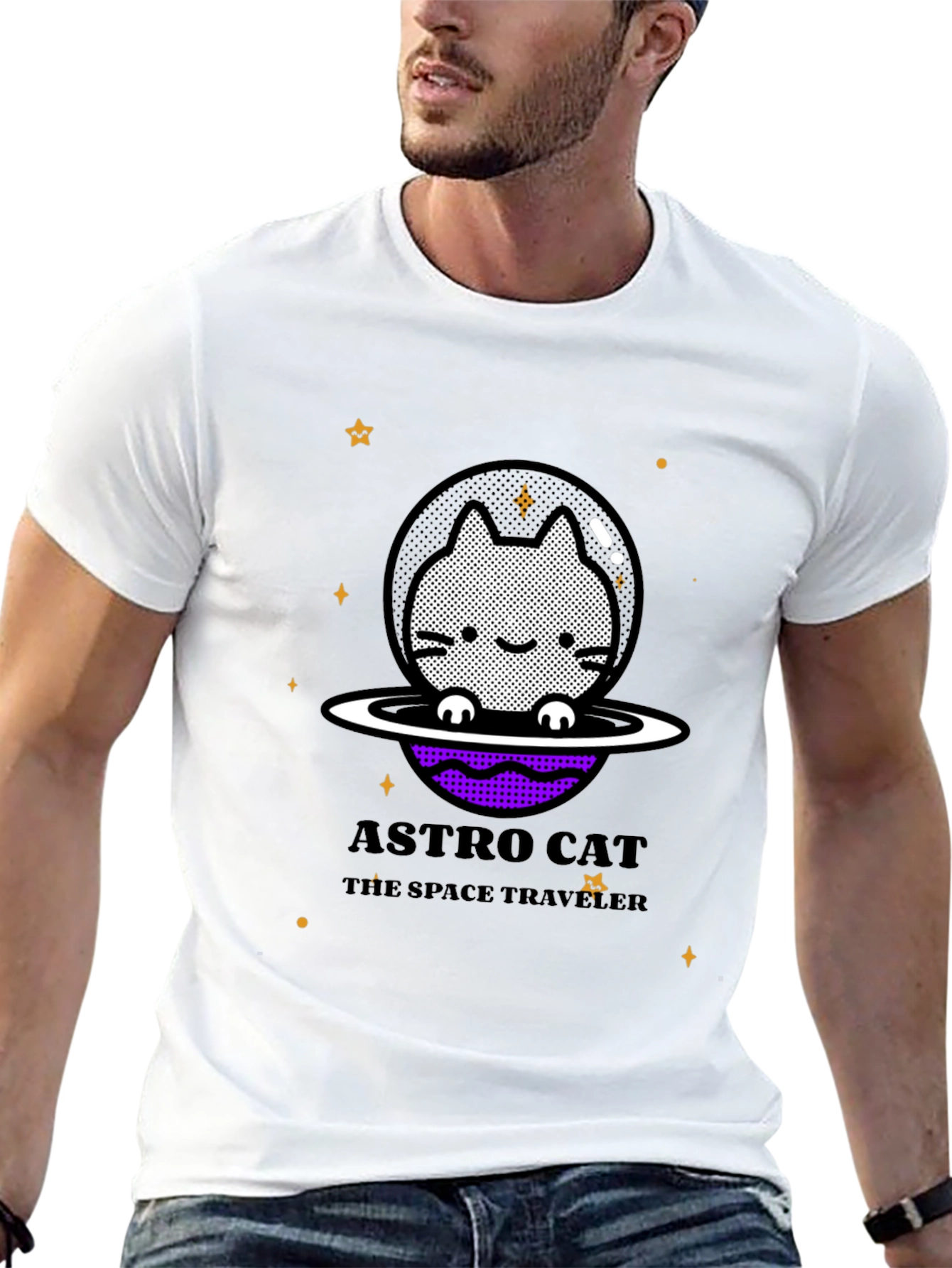 Astro Cat Space Traveler Black T-Shirt