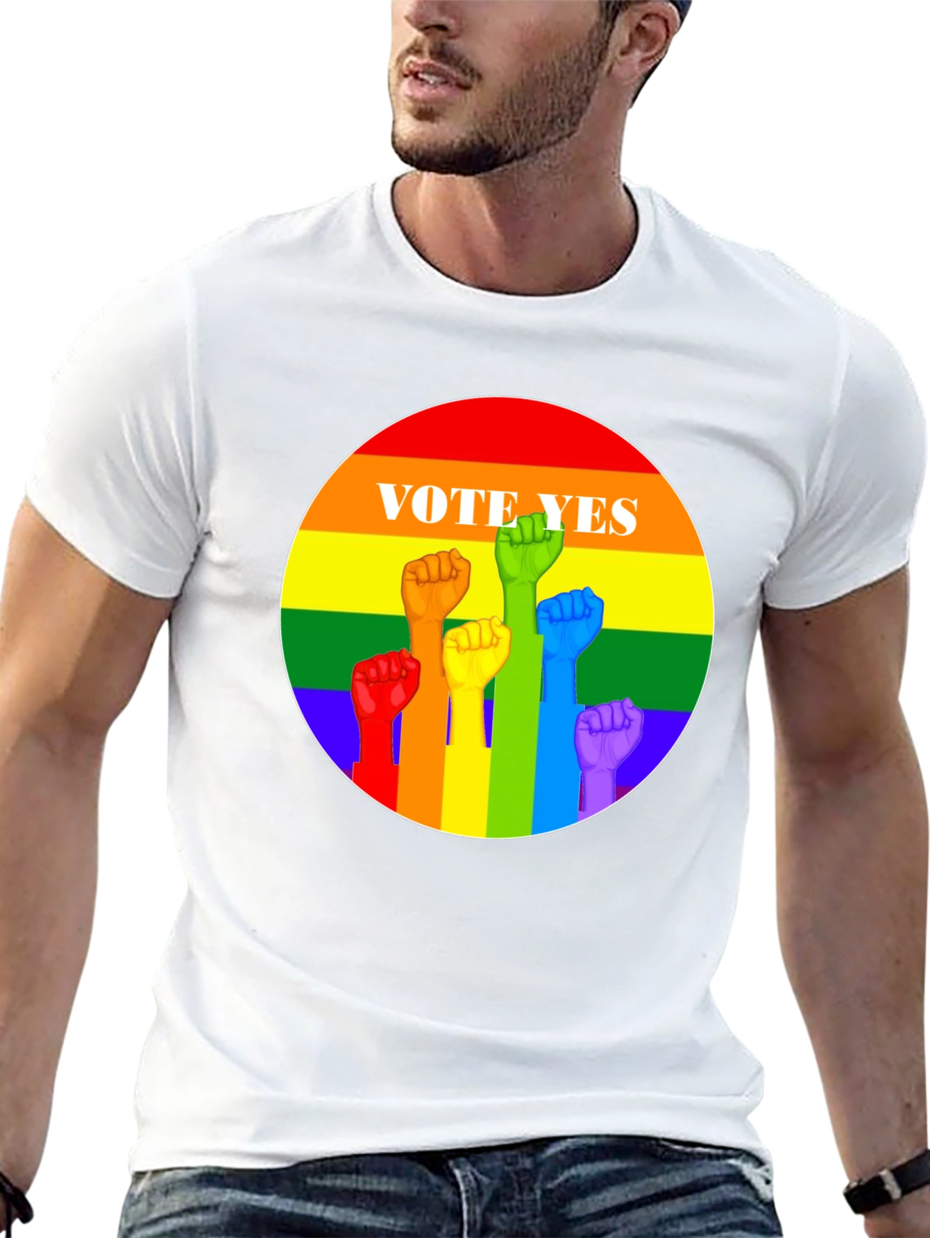 Vote Yes Pride T-Shirt - Rainbow Fist Design