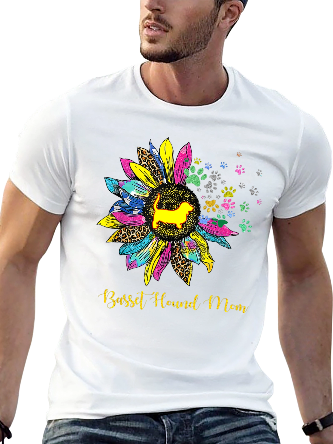 Basset Hound Mom Sunflower Graphic Tee