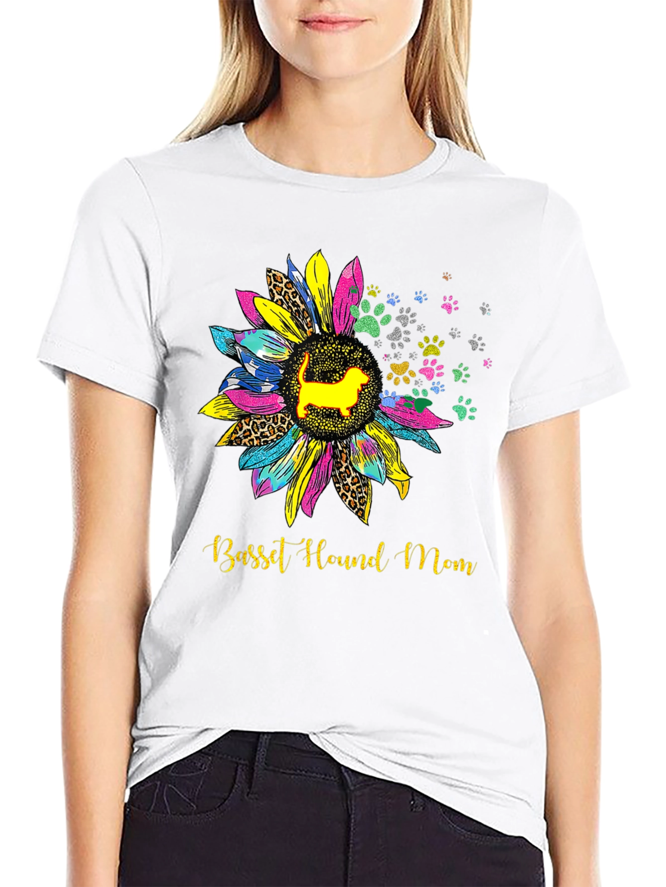 Basset Hound Mom Sunflower Graphic Tee