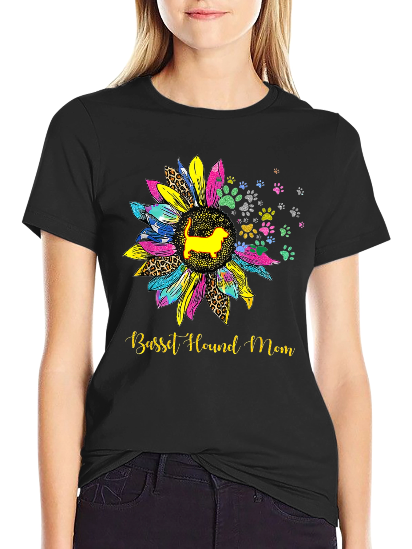 Basset Hound Mom Sunflower Graphic Tee