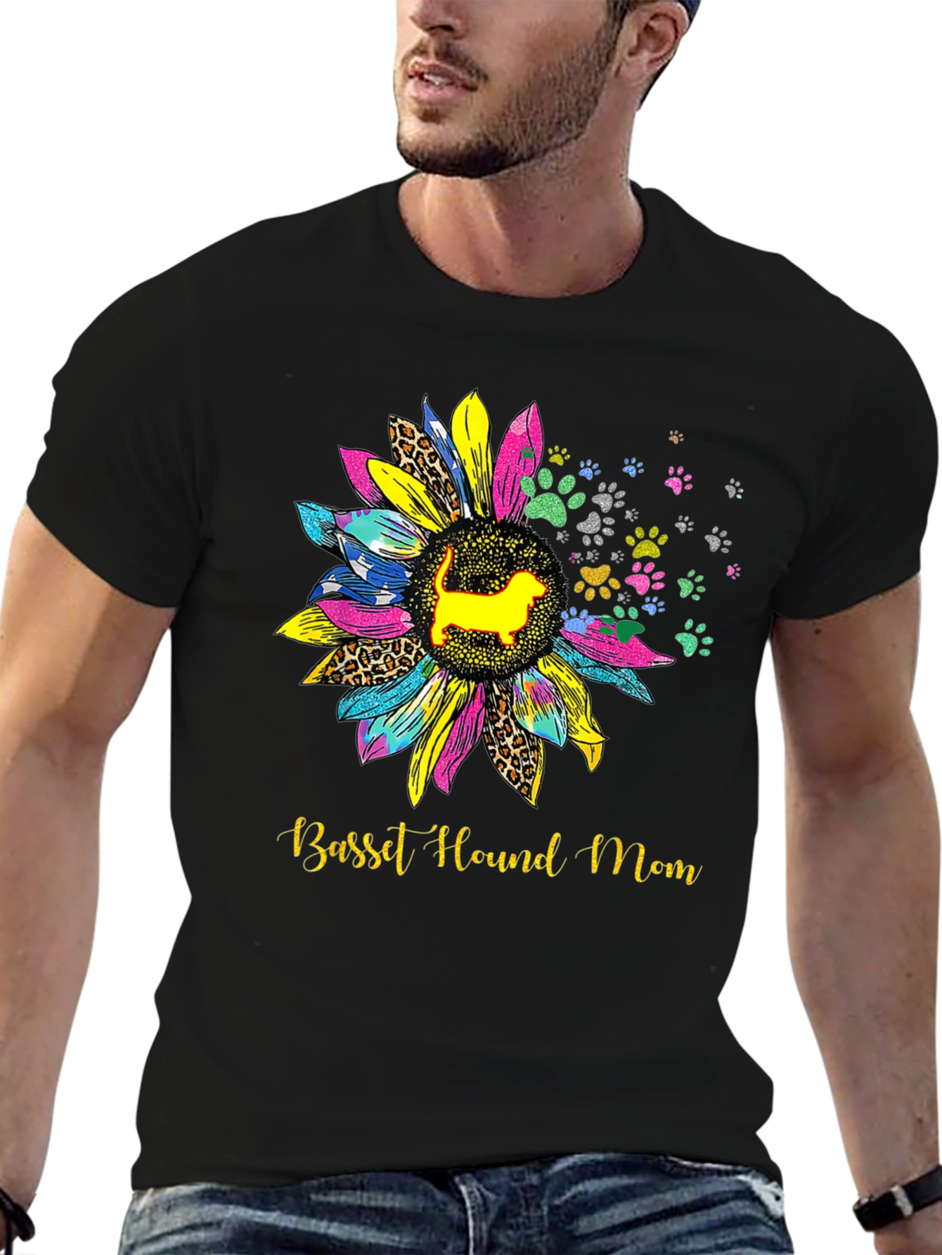 Basset Hound Mom Sunflower Graphic Tee