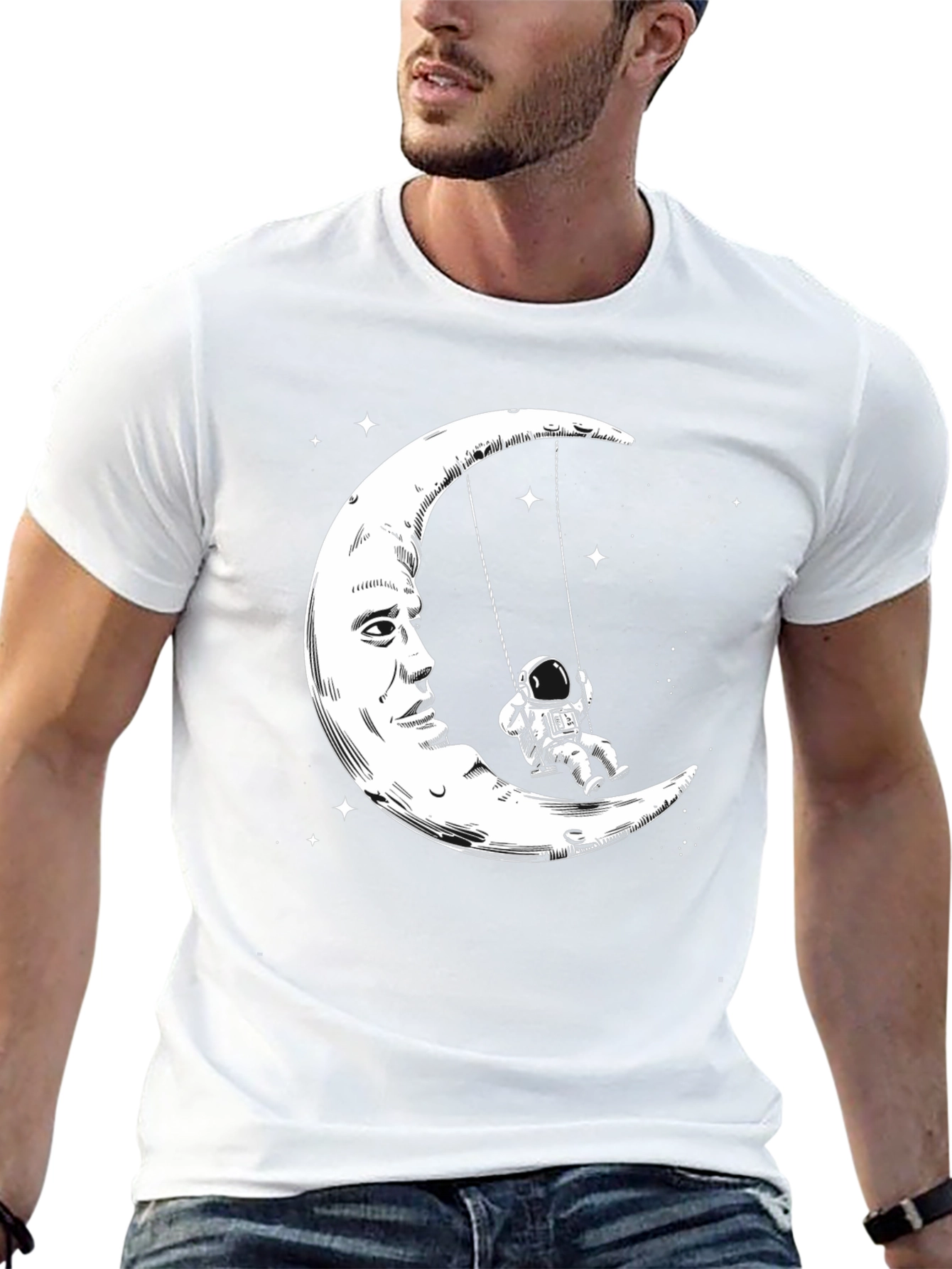 Astronaut Moon Swing Graphic T-Shirt - Black Cotton Tee