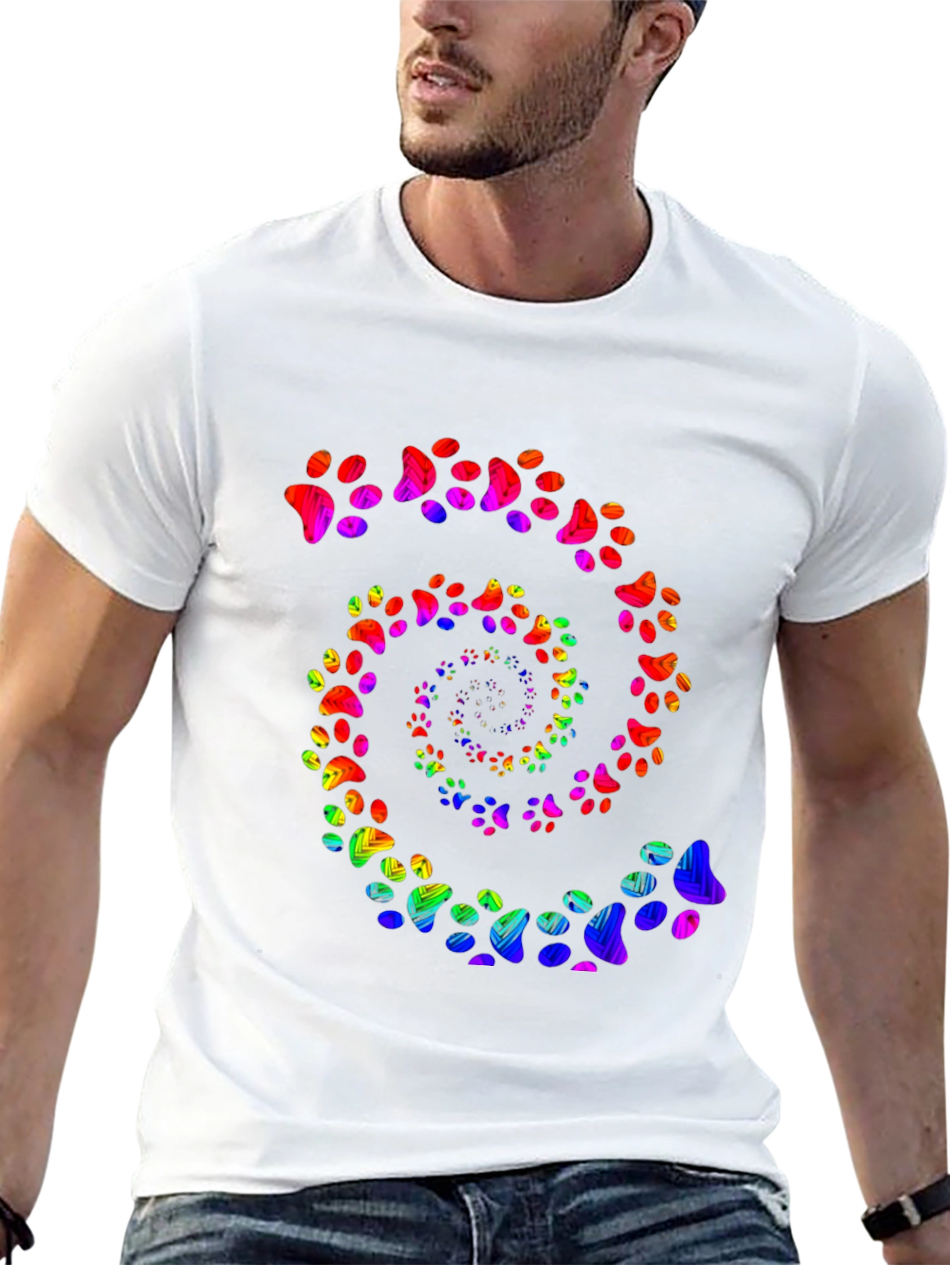 Rainbow Paw Print Spiral Black T-Shirt