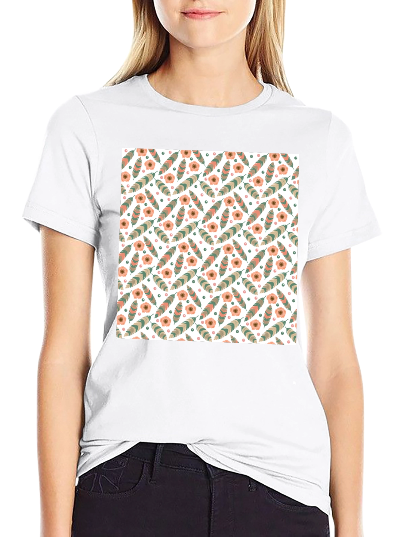 Floral Feather Pattern Mens Black T-Shirt