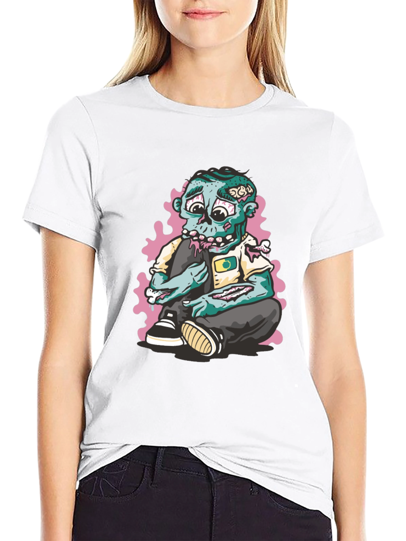 Zombie Cartoon Graphic Print Black T-Shirt