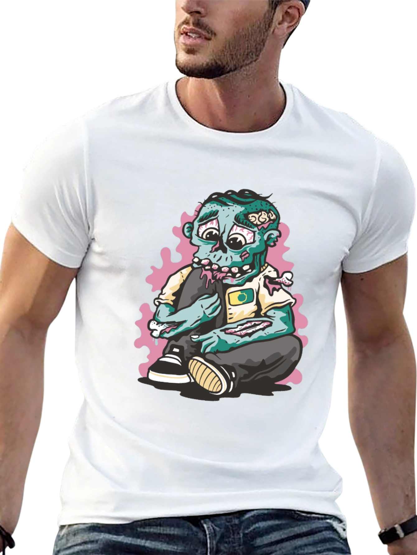Zombie Cartoon Graphic Print Black T-Shirt