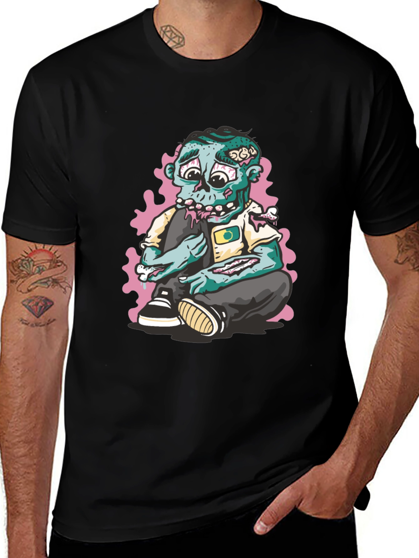 Zombie Cartoon Graphic Print Black T-Shirt