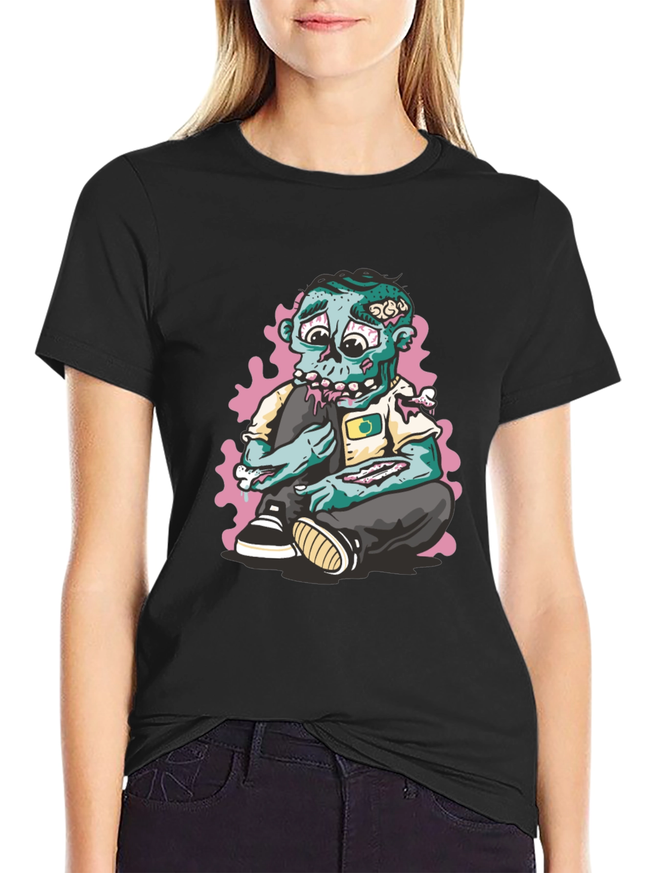 Zombie Cartoon Graphic Print Black T-Shirt