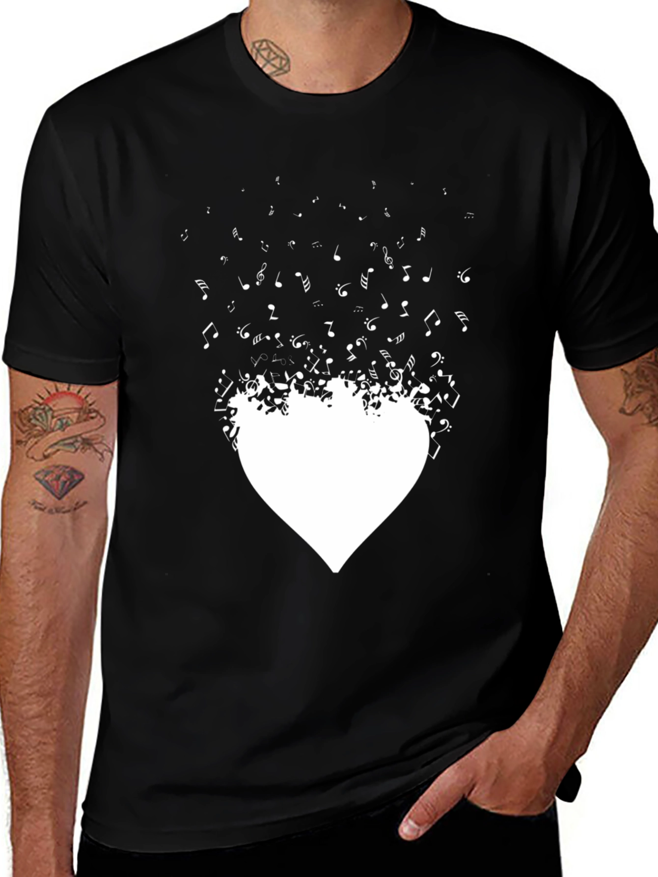 Musical Heartbeat Graphic Tee - Stylish Black Cotton T-Shirt