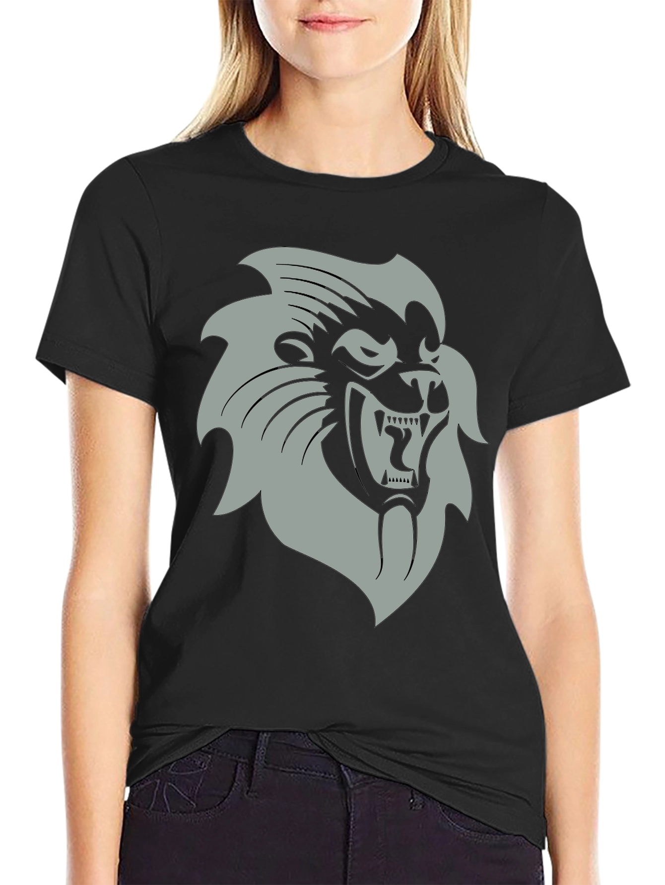 Black T-Shirt with Grey Lion Graphic