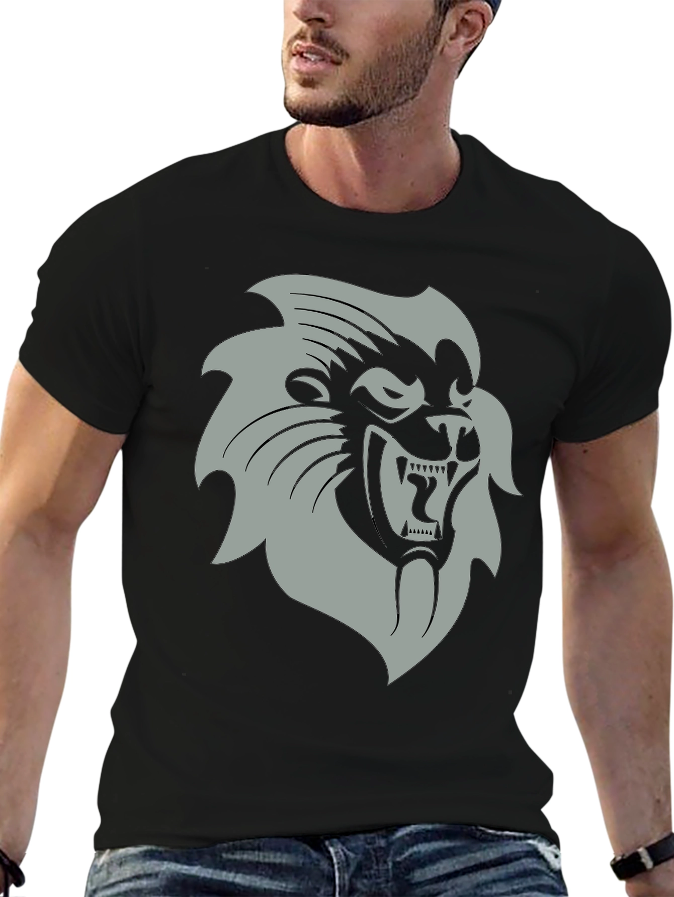 Black T-Shirt with Grey Lion Graphic