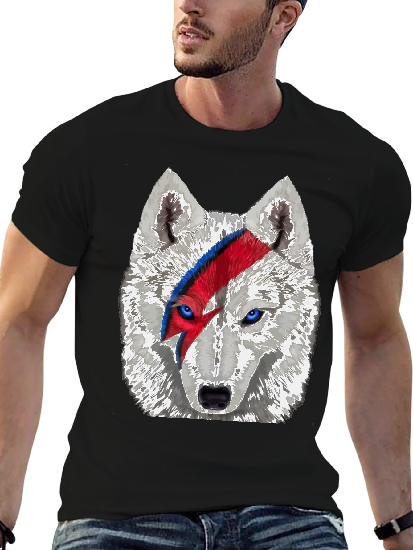 Wolf Bowie Style Graphic Tee - Mens Black T-Shirt